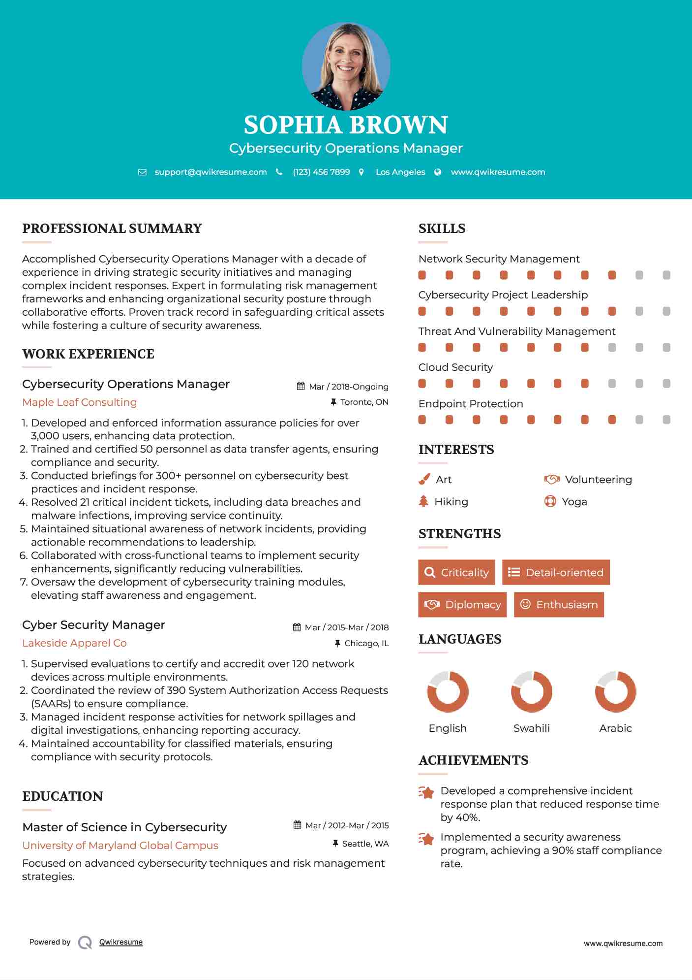 Cybersecurity Operations Manager Resume Example