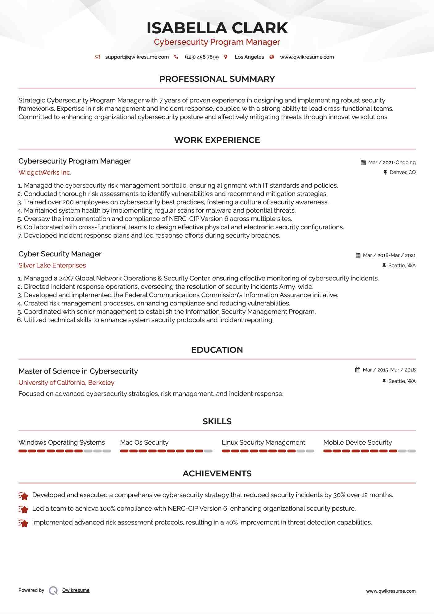Cybersecurity Program Manager Resume Sample