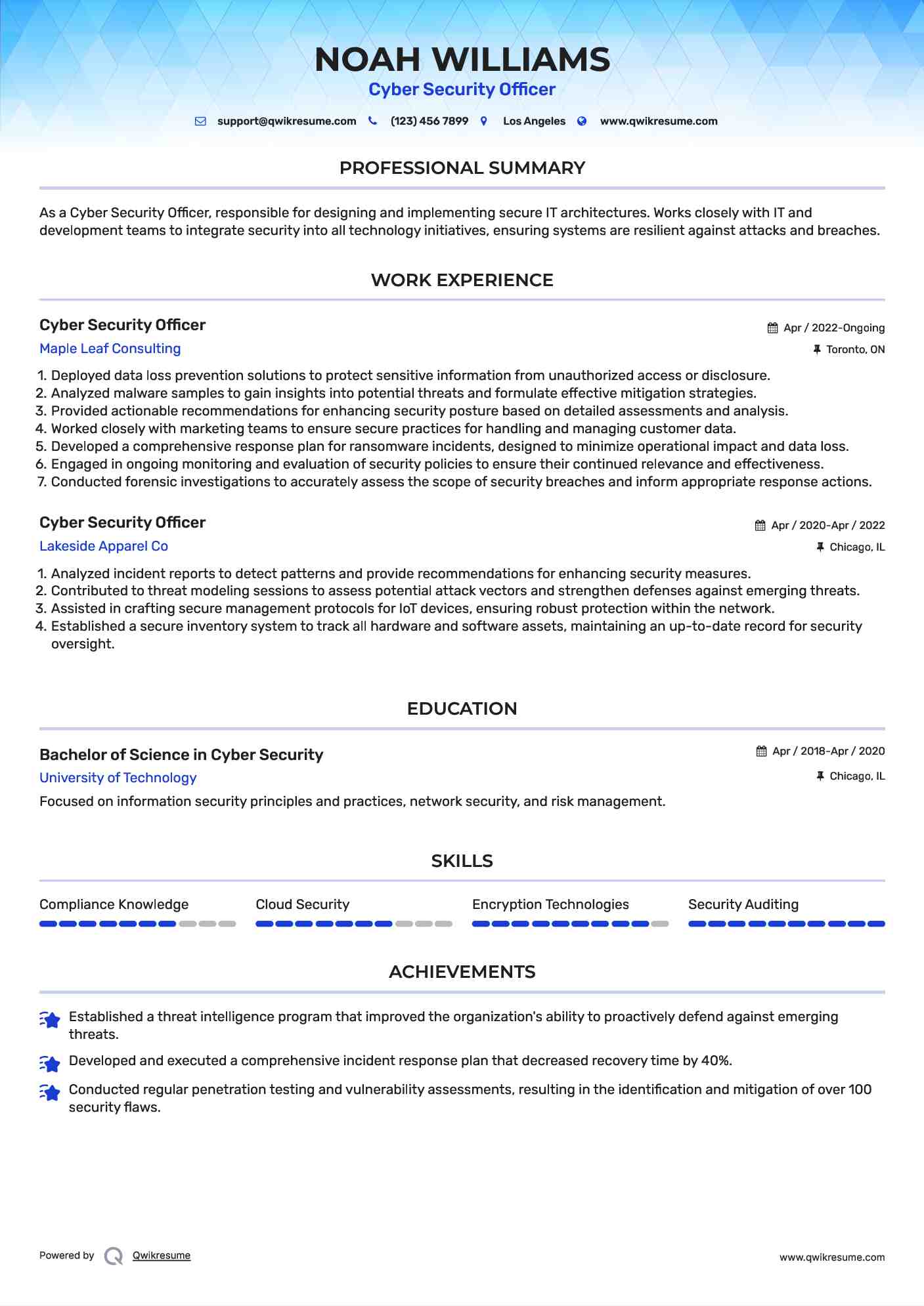 Cyber Security Officer Resume Example