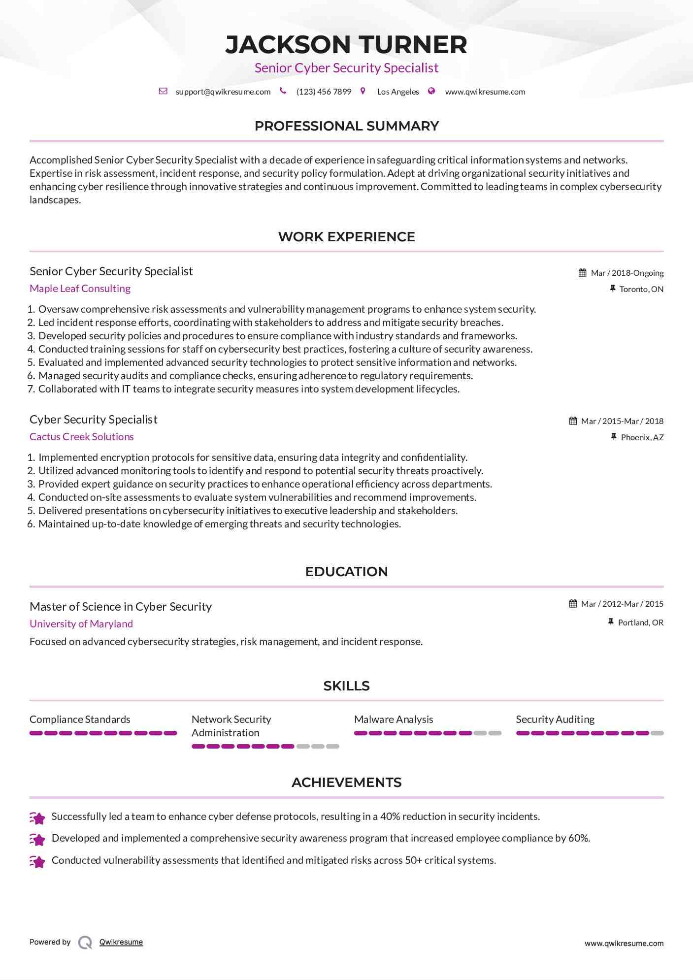 Senior Cyber Security Specialist Resume Template