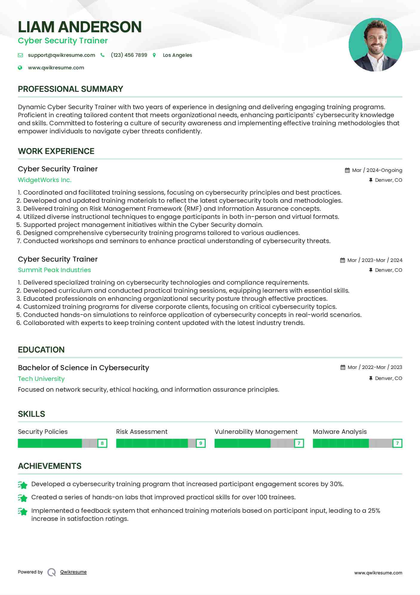 Cyber Security Trainer Resume Sample