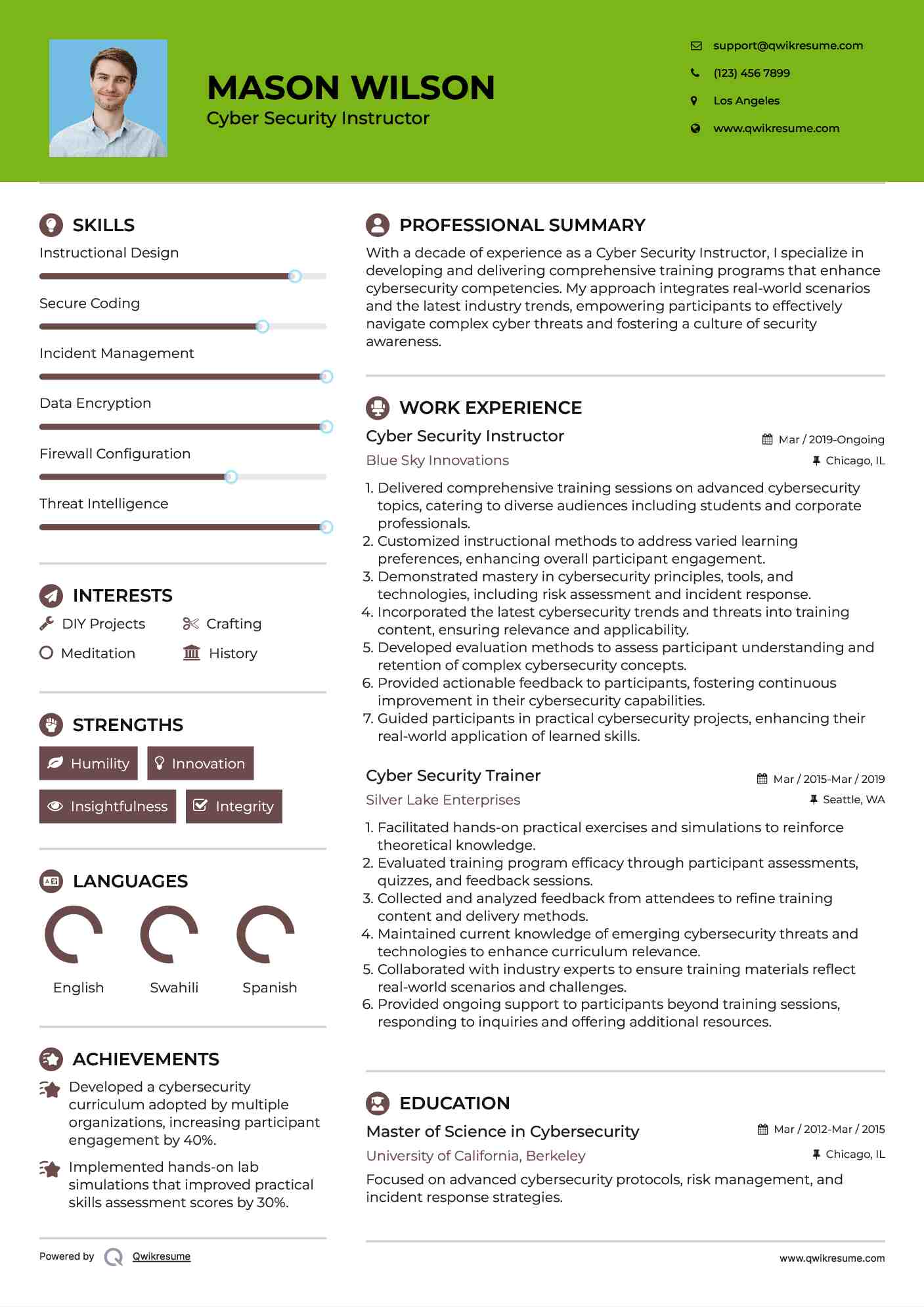 Cyber Security Instructor Resume Model