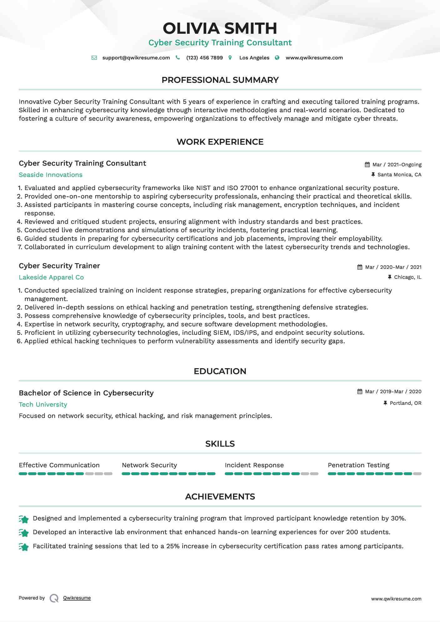 Cyber Security Training Consultant Resume Format