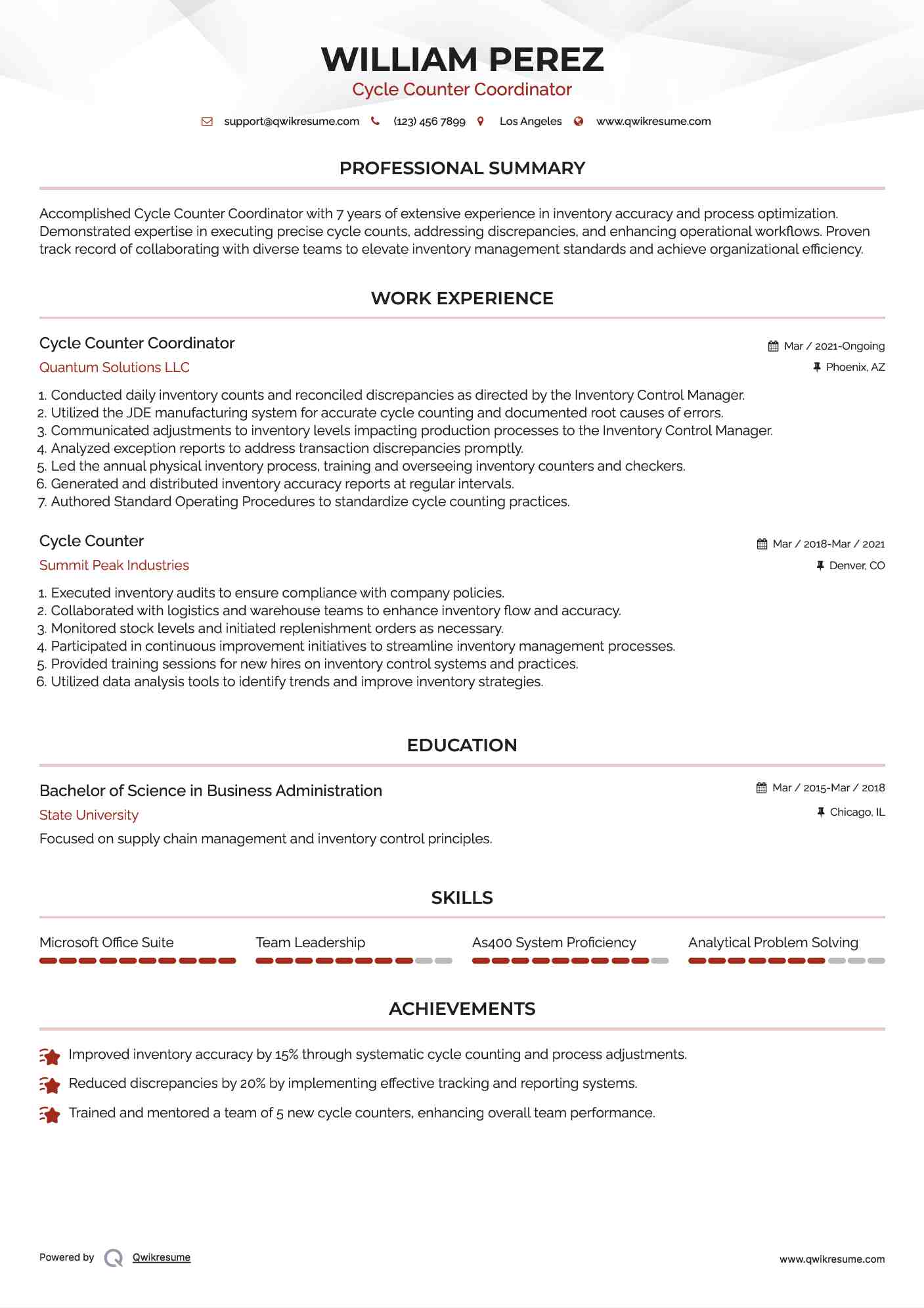 Cycle Counter Coordinator Resume Format