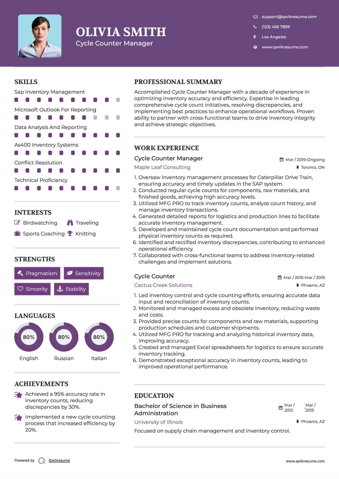 Cycle Counter Manager Resume Example