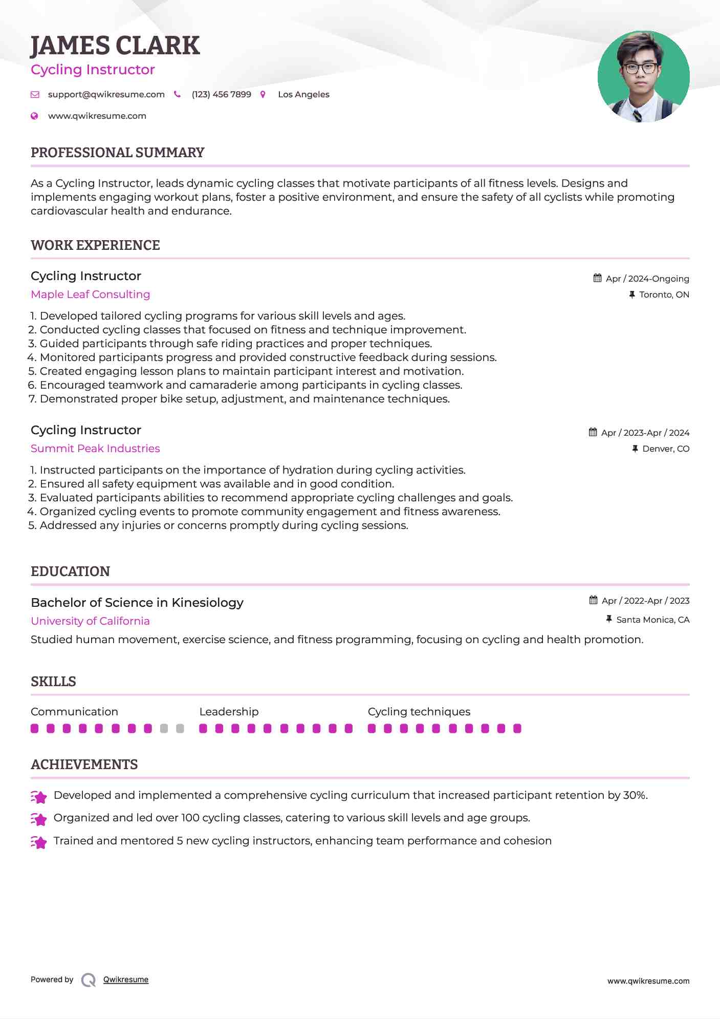 Cycling Instructor Resume Model