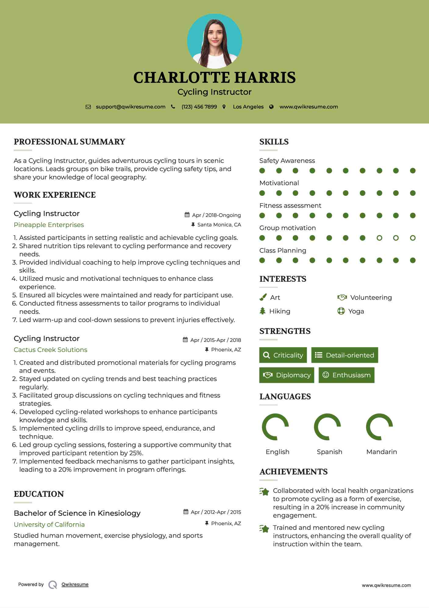 Cycling Instructor Resume Format