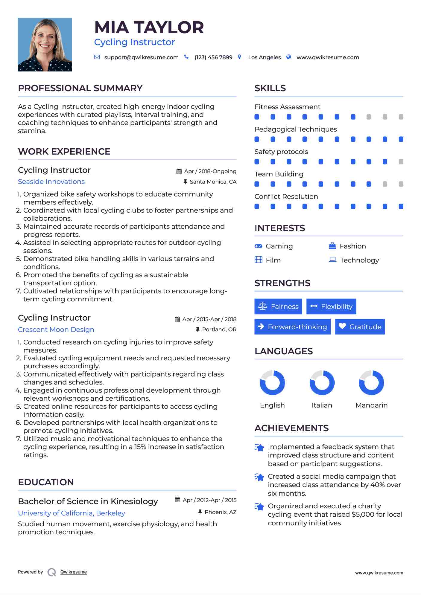 Cycling Instructor Resume Example