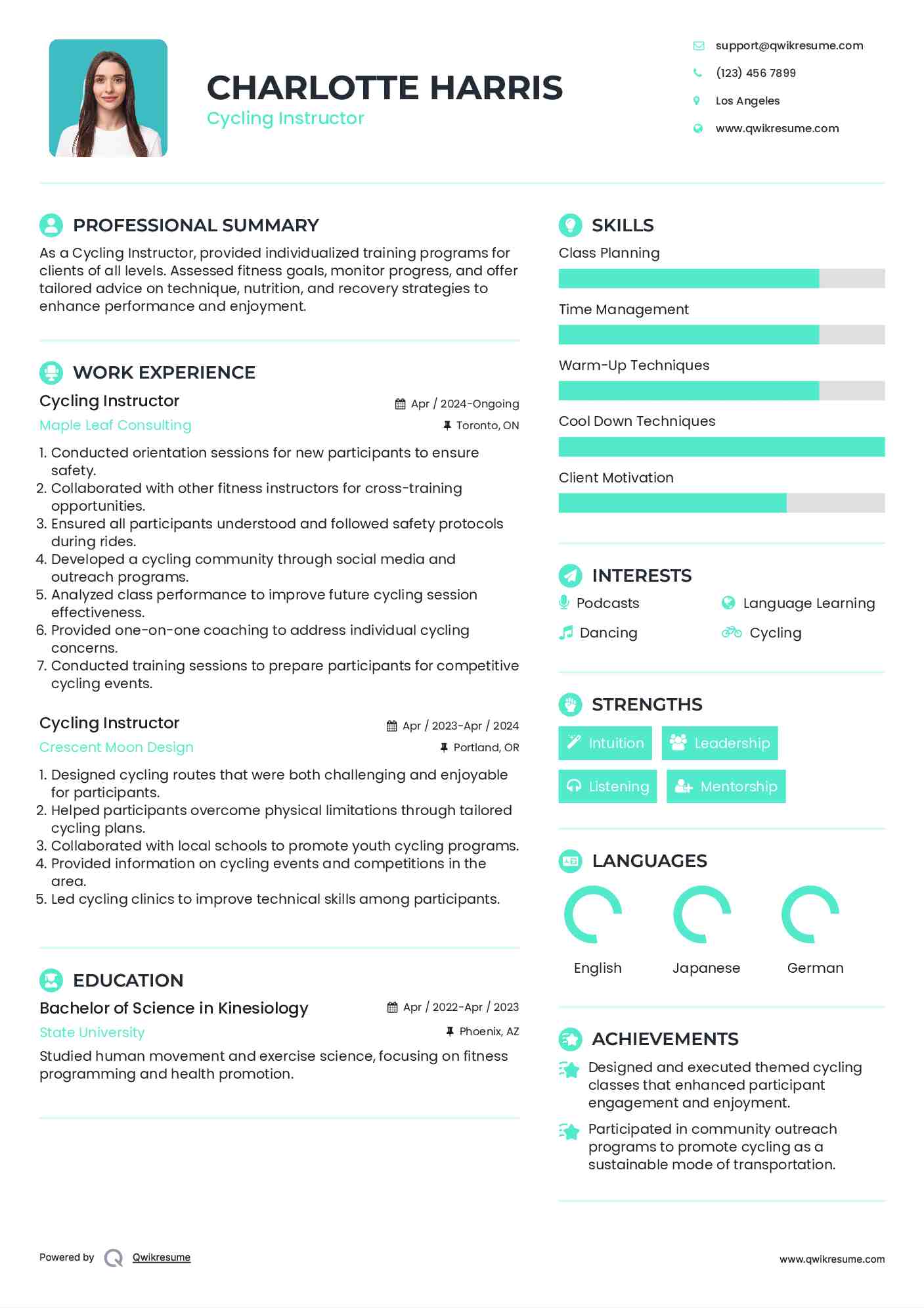 Cycling Instructor Resume Example