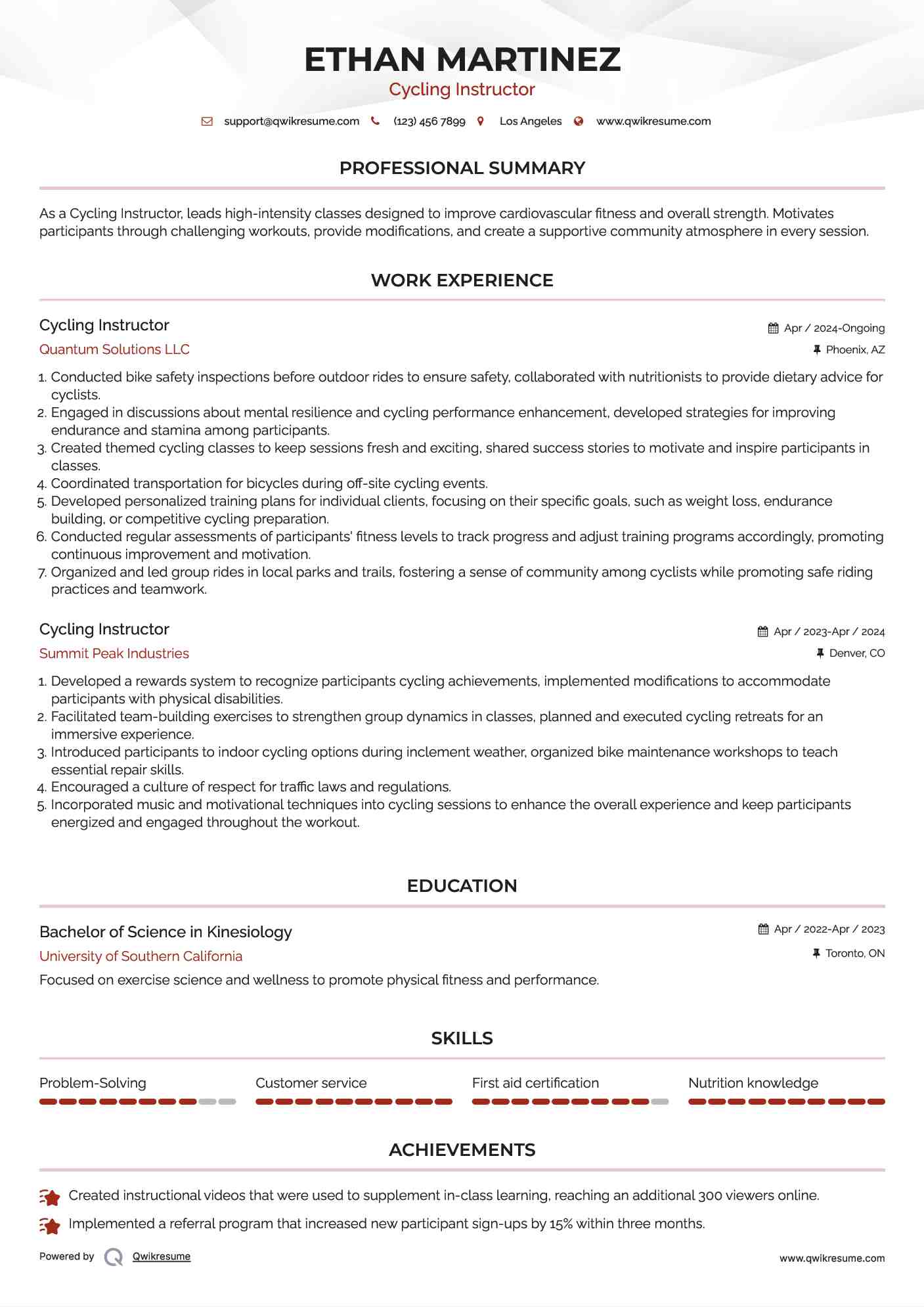 Cycling Instructor Resume Example