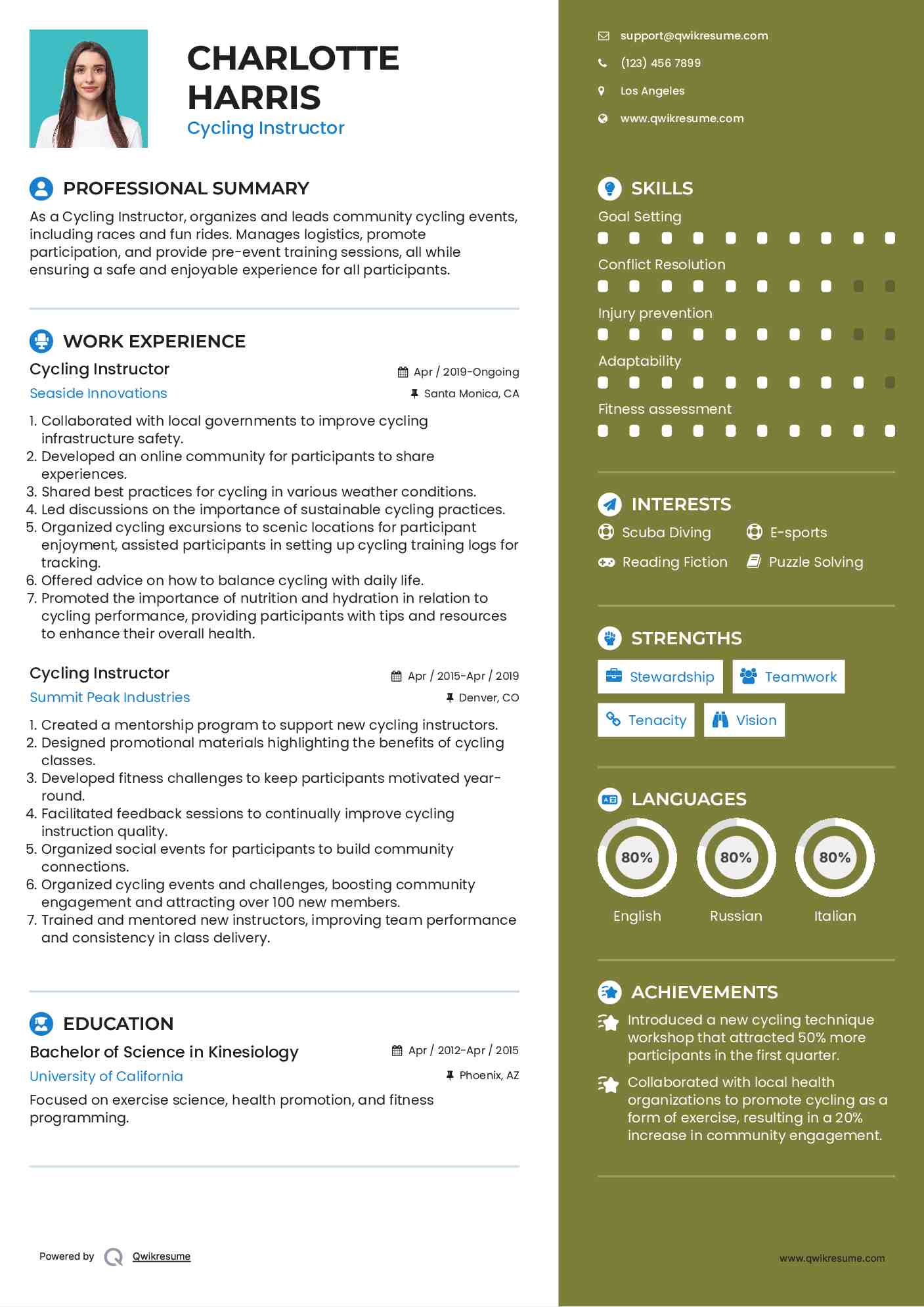 Cycling Instructor Resume Sample