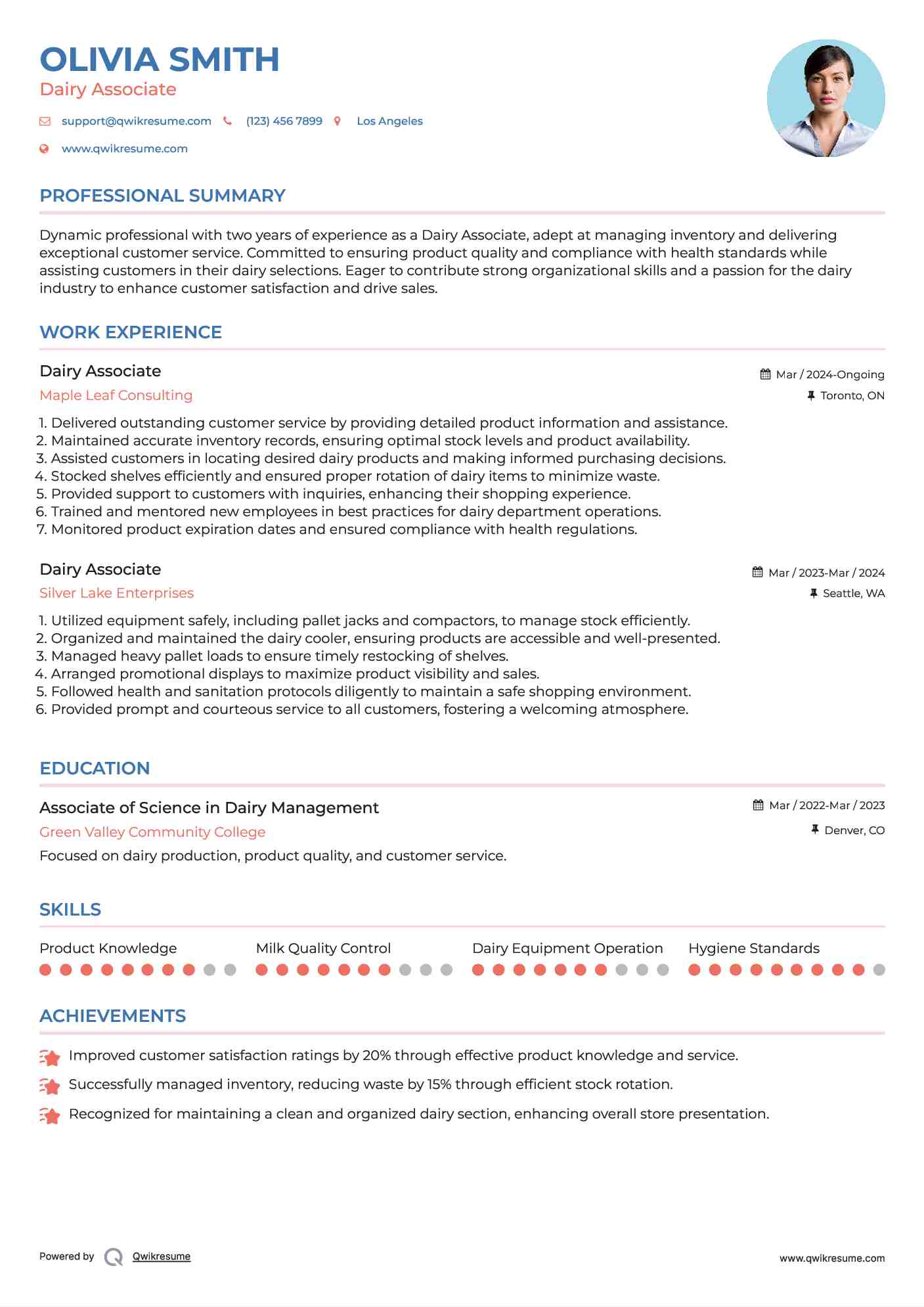 Dairy Associate Resume Sample