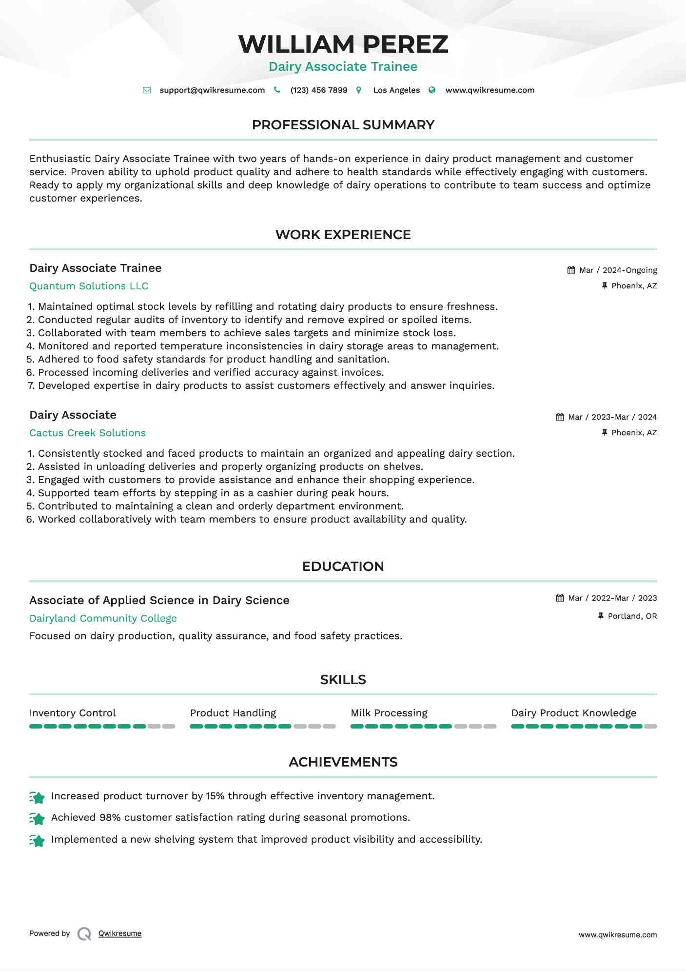 Dairy Associate Trainee Resume Model