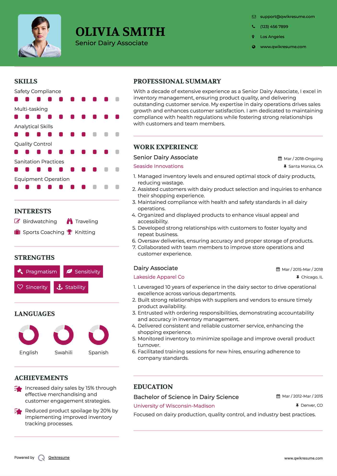 Senior Dairy Associate Resume Model