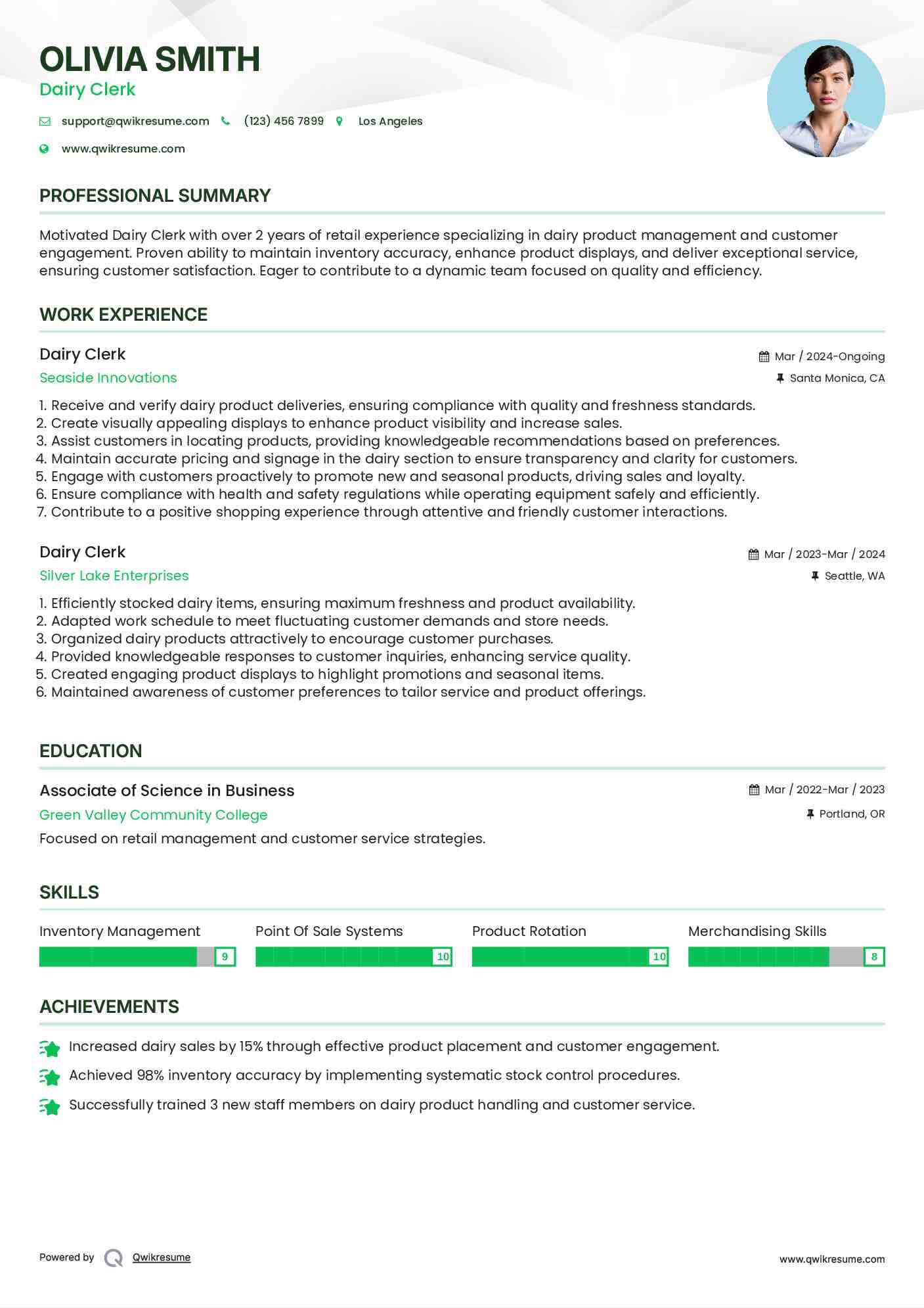 Dairy Clerk Resume Sample