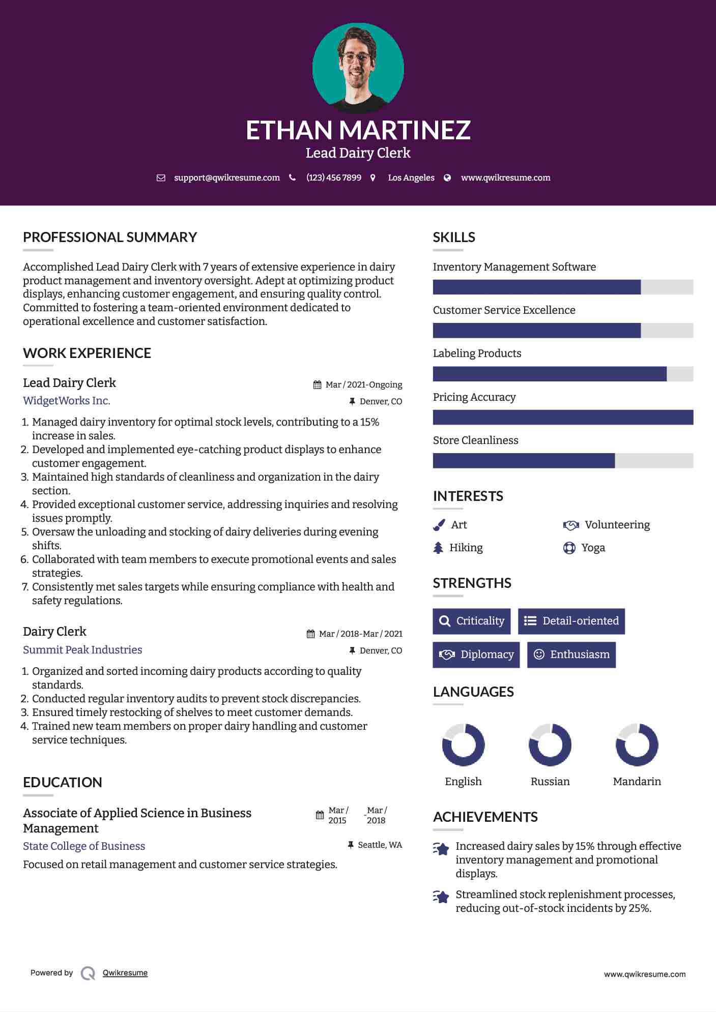 Lead Dairy Clerk Resume Format