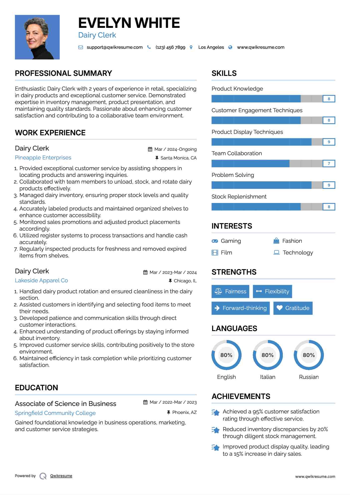 Dairy Clerk Resume Format