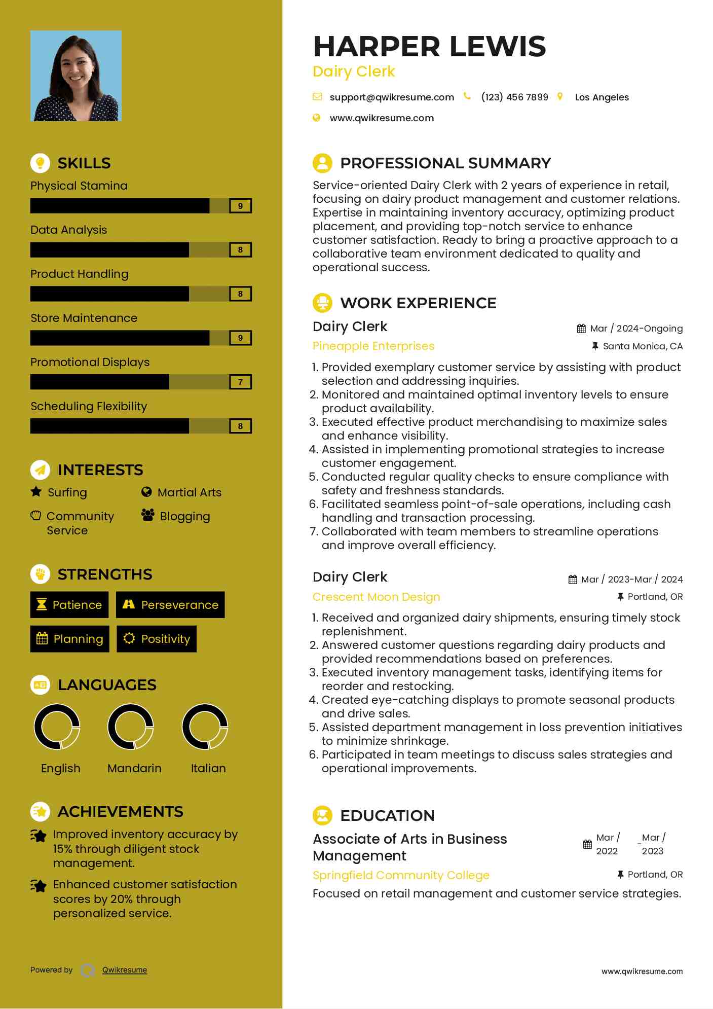 Dairy Clerk Resume Template