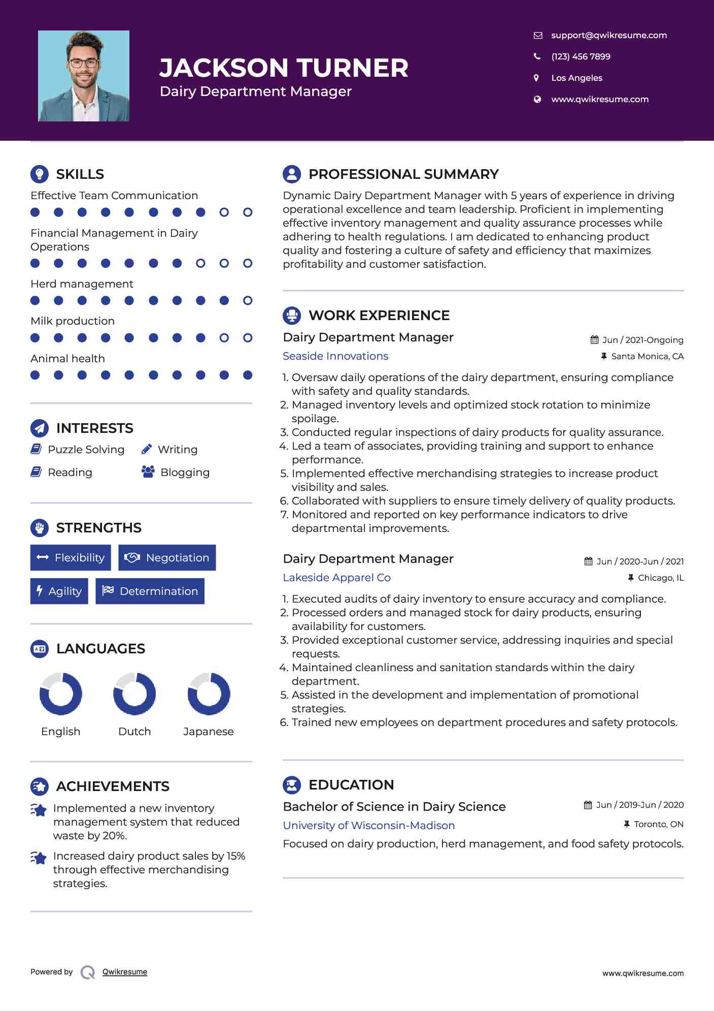 Dairy Department Manager Resume Samples Qwikresume