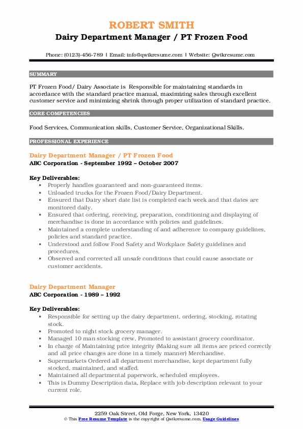 Dairy Department Manager Resume Samples QwikResume