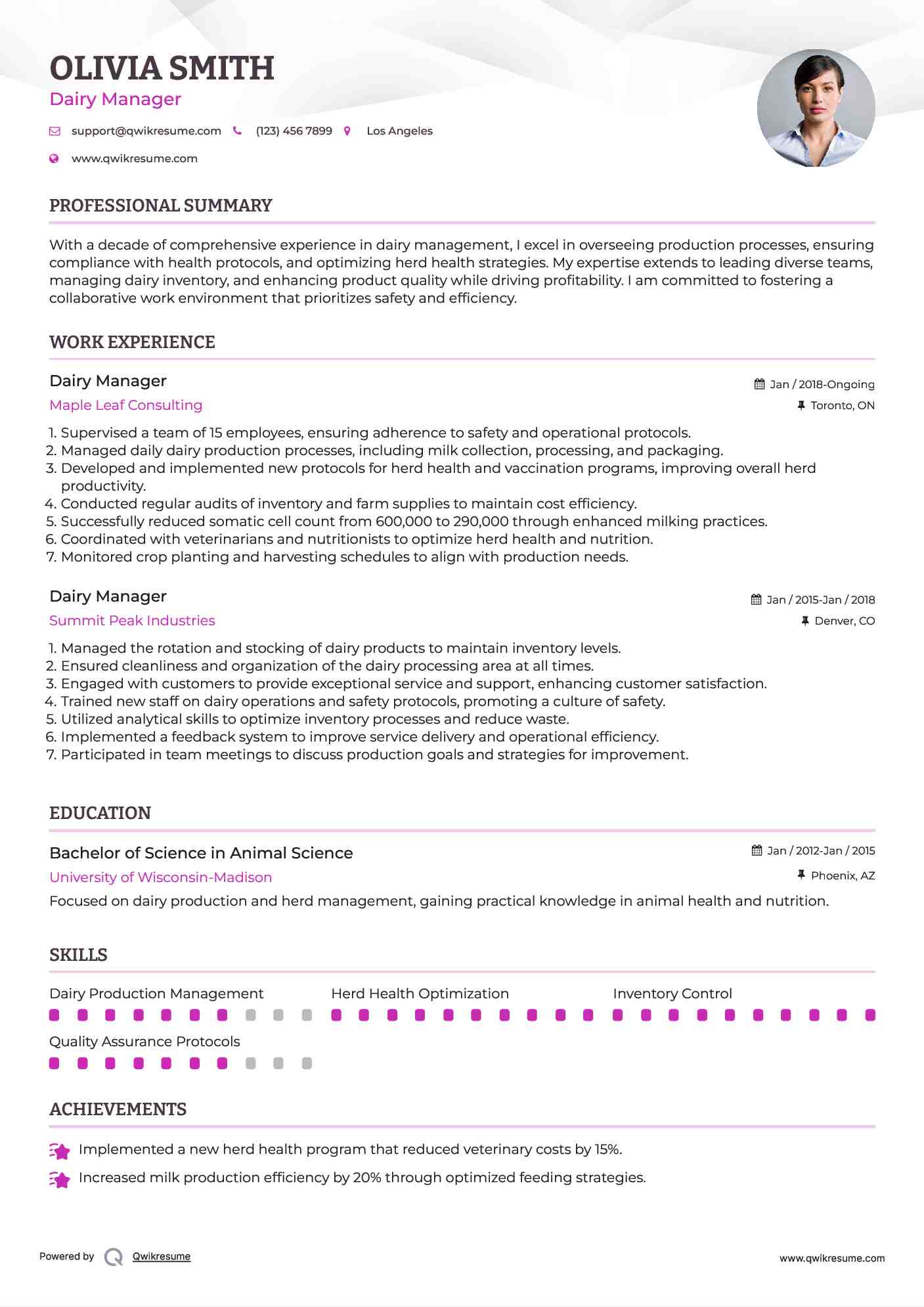 Dairy Manager Resume Sample