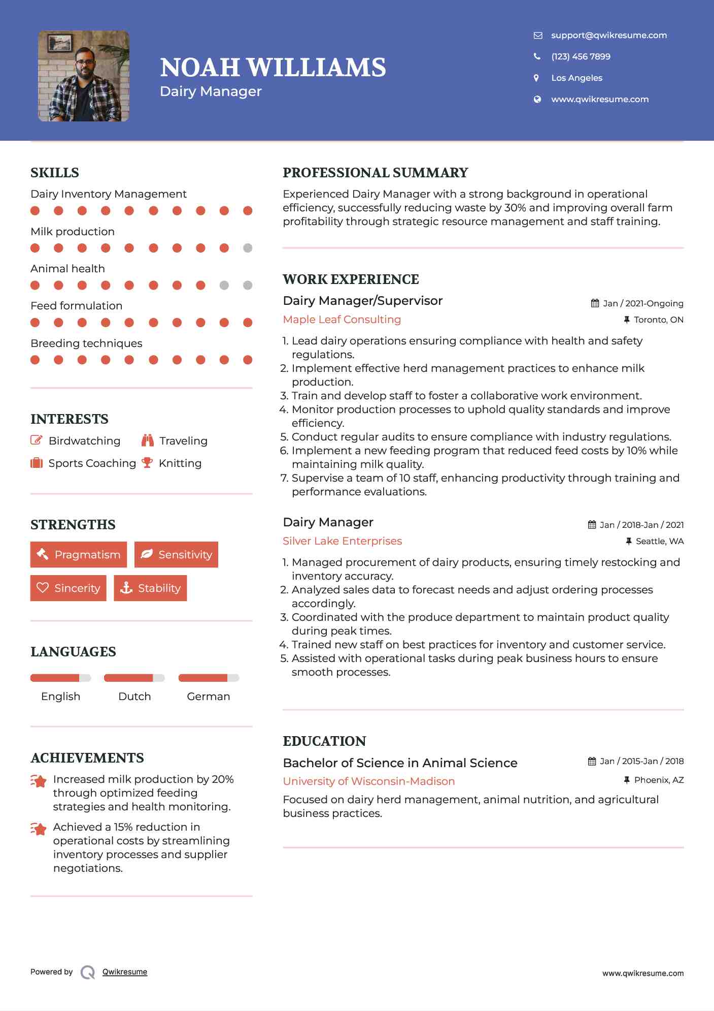 Dairy Manager/Supervisor Resume Format