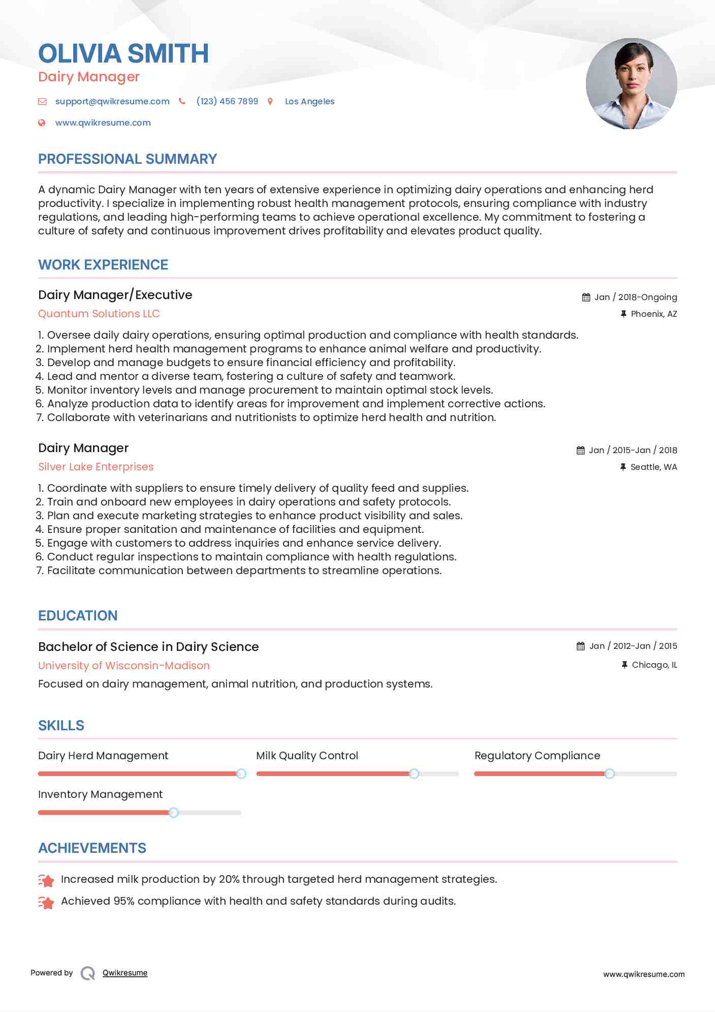 Dairy Manager/Executive Resume Model