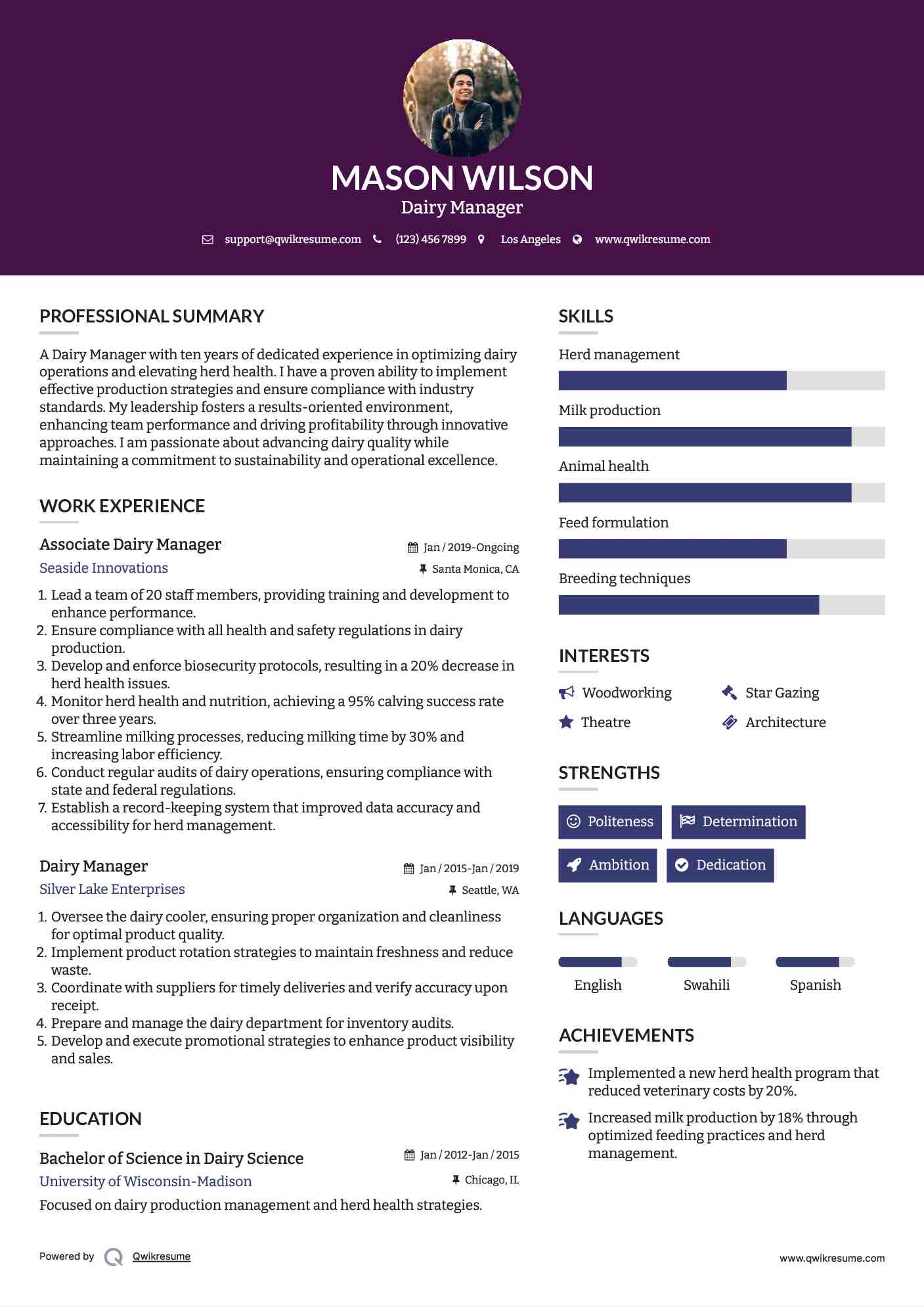 Associate Dairy Manager Resume Example