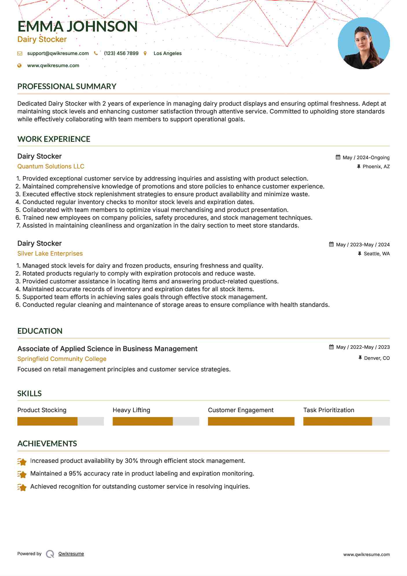 Dairy Stocker Resume Sample