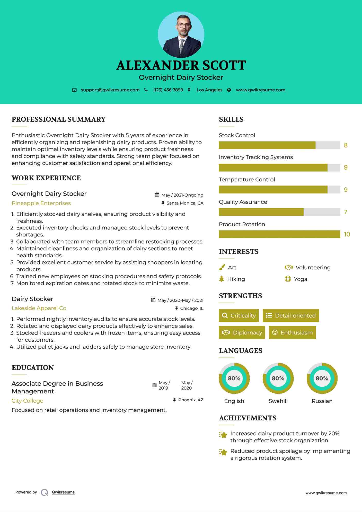 Overnight Dairy Stocker Resume Sample