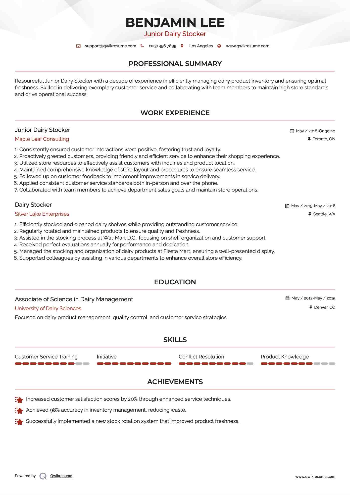 Junior Dairy Stocker Resume Example