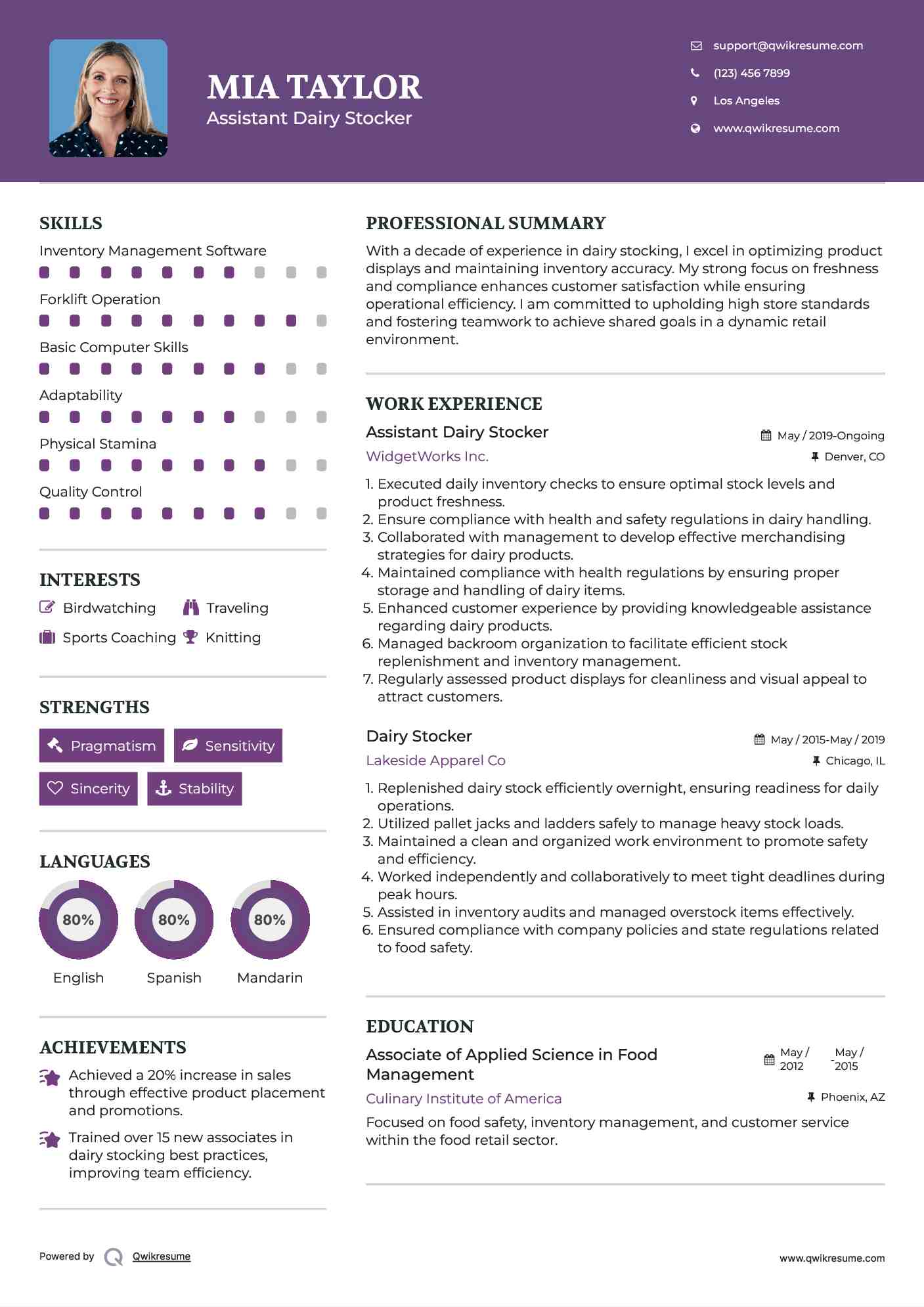 Assistant Dairy Stocker Resume Model