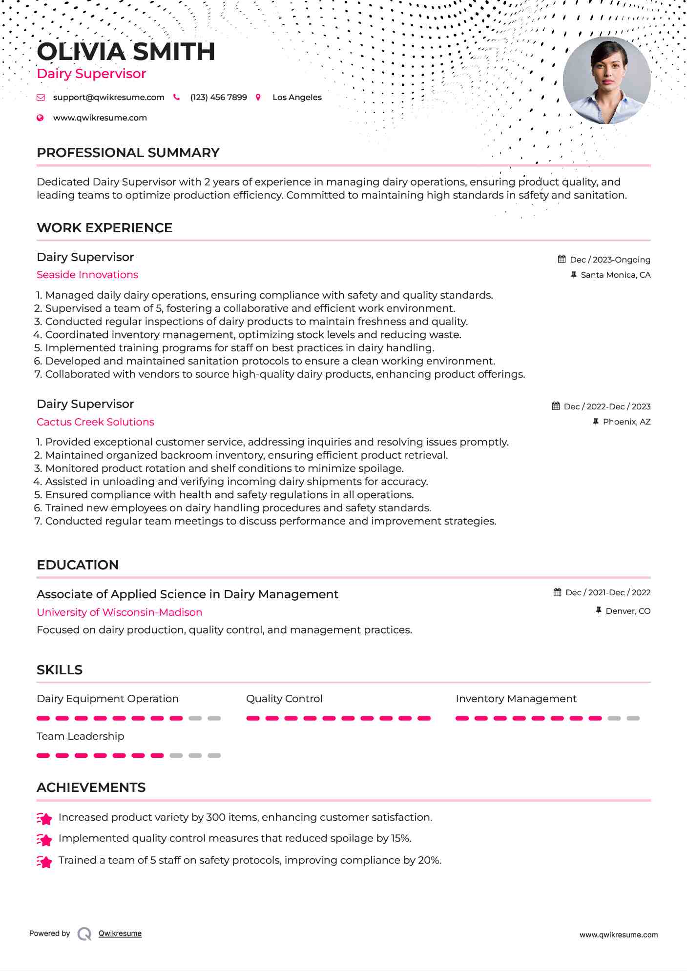 Dairy Supervisor Resume Format