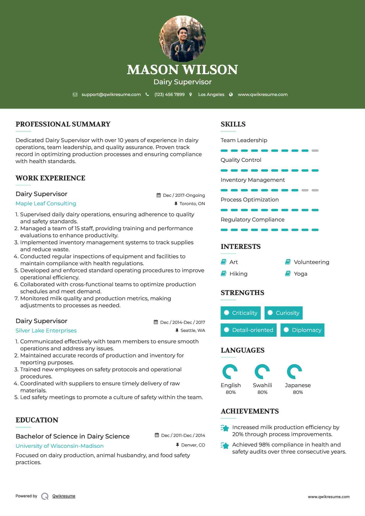 Dairy Supervisor Resume Model