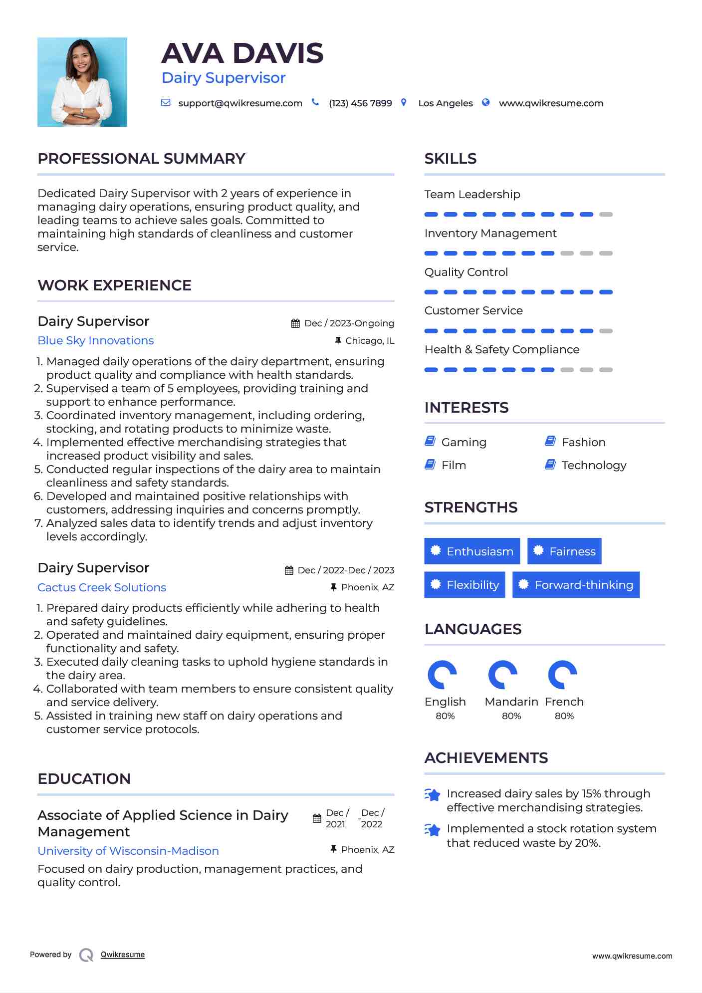 Dairy Supervisor Resume Format