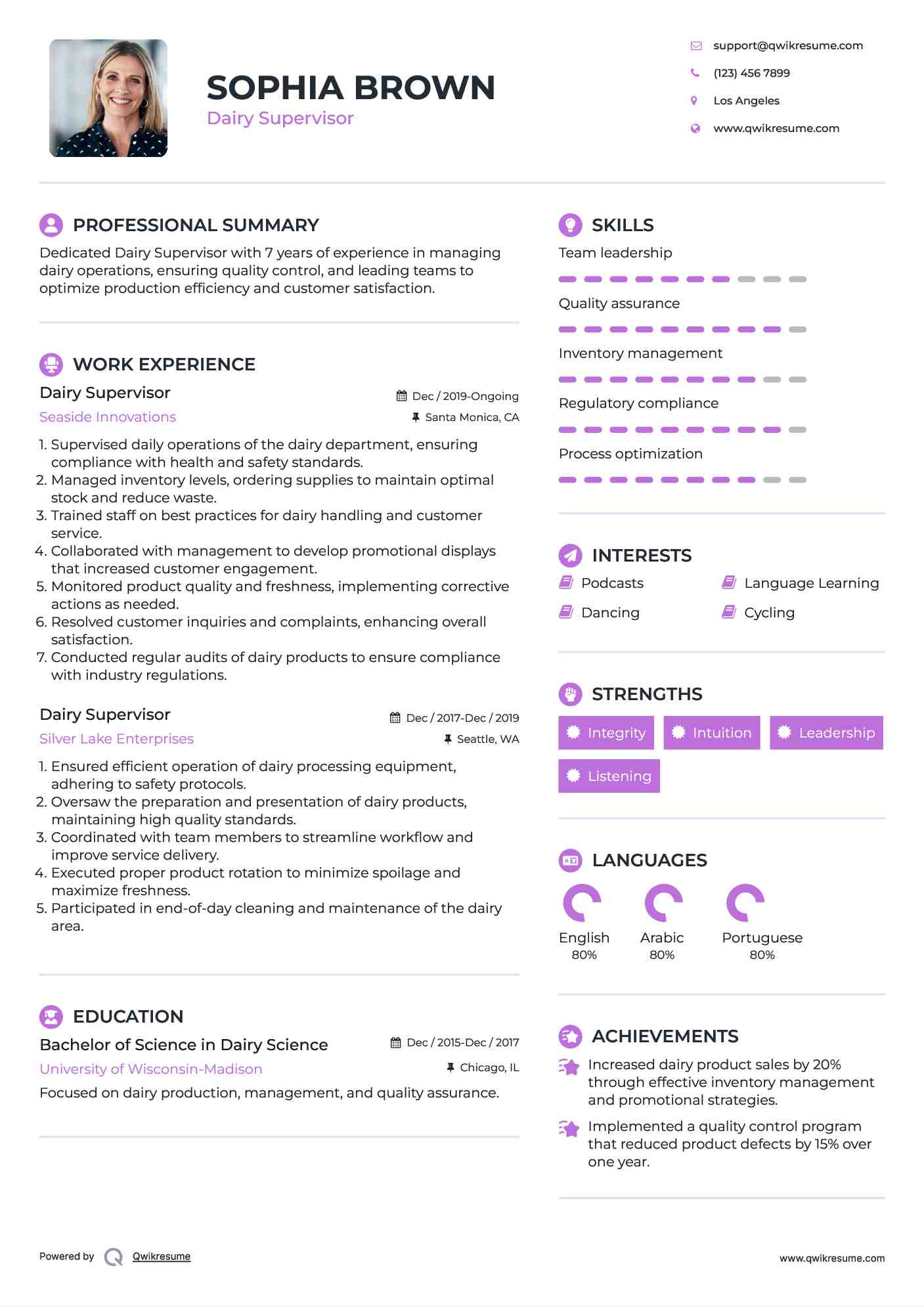 Dairy Supervisor Resume Model