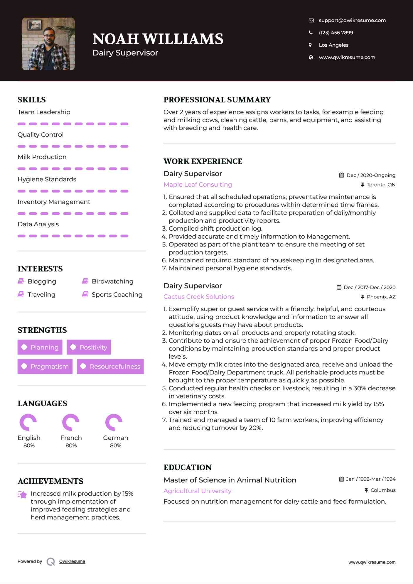 Dairy Supervisor Resume Model