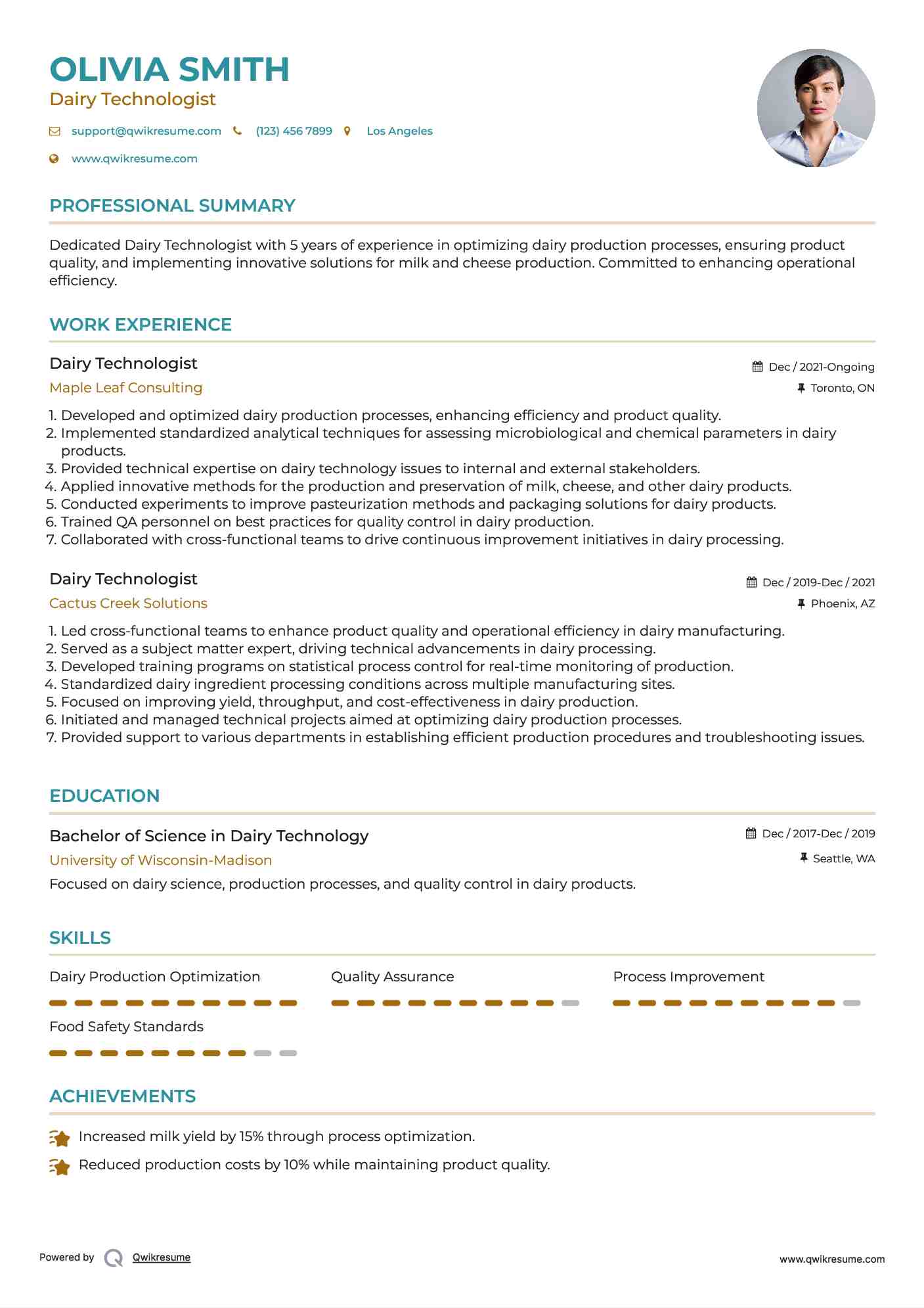 Dairy Technologist Resume Template
