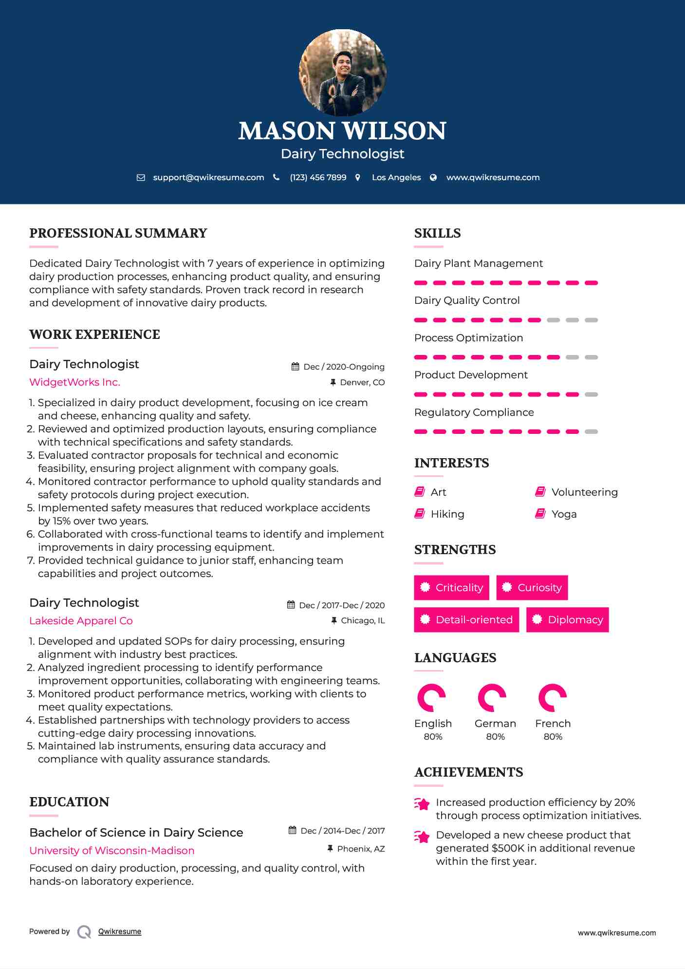 Dairy Technologist Resume Example