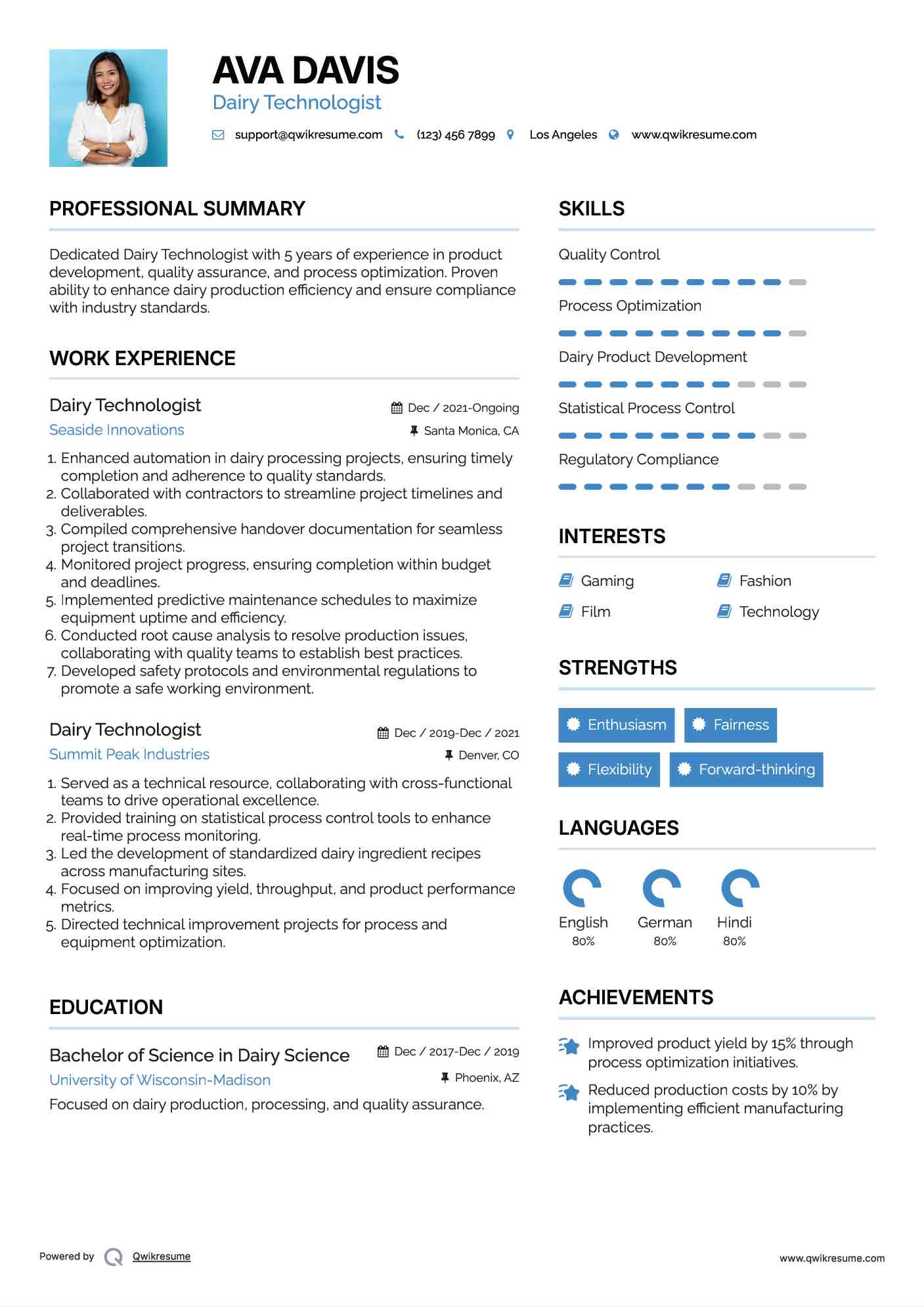 Dairy Technologist Resume Sample
