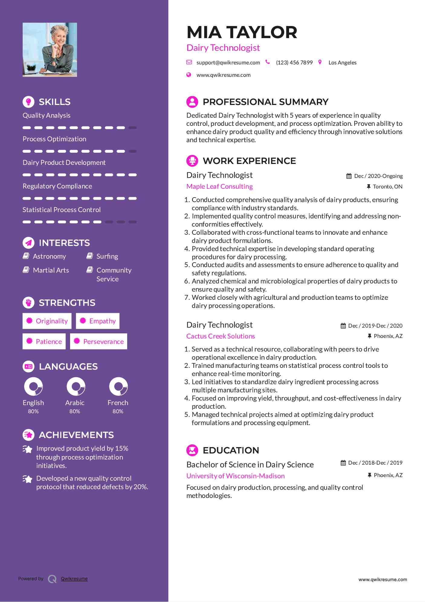 Dairy Technologist Resume Sample