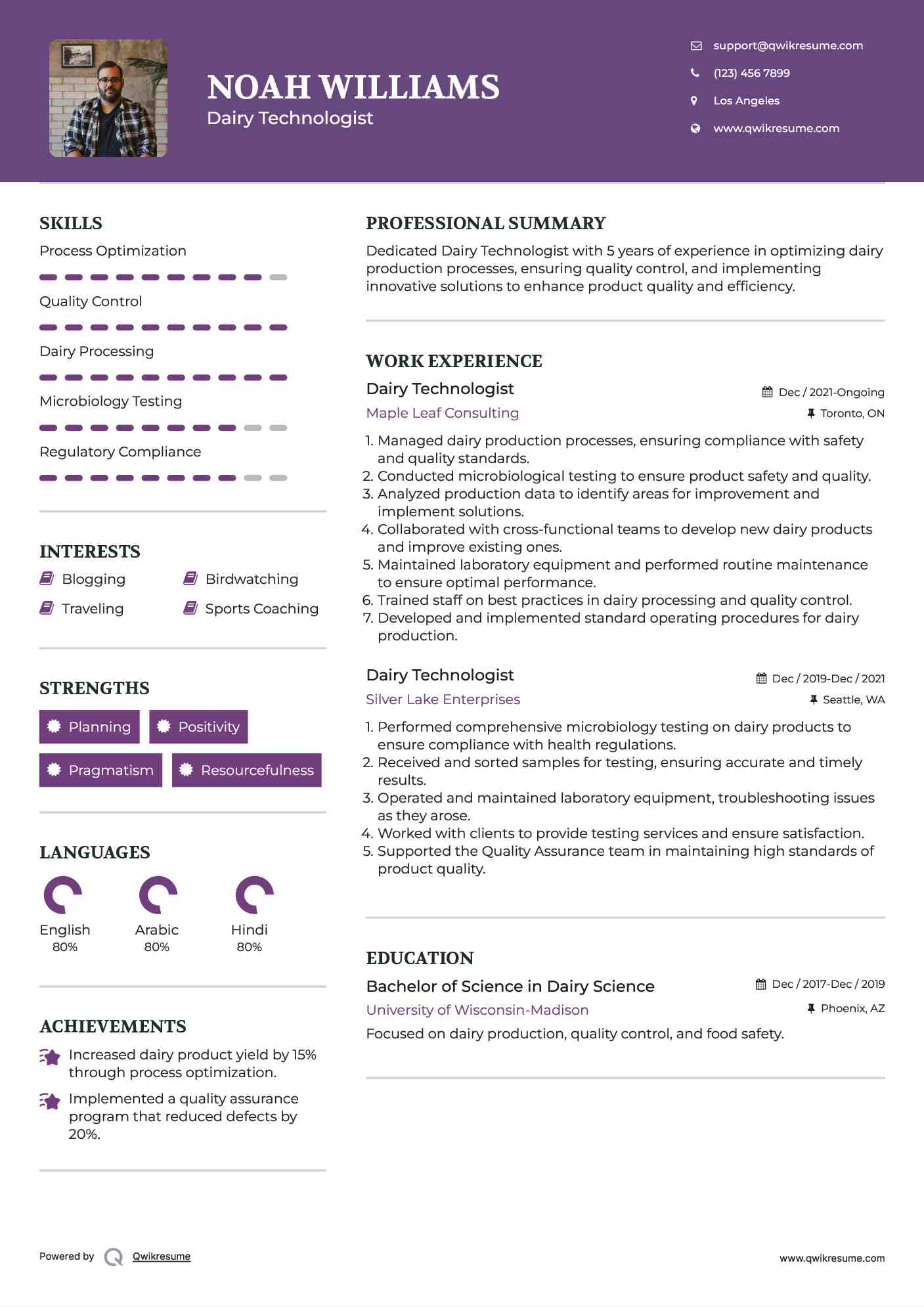 Dairy Technologist Resume Sample