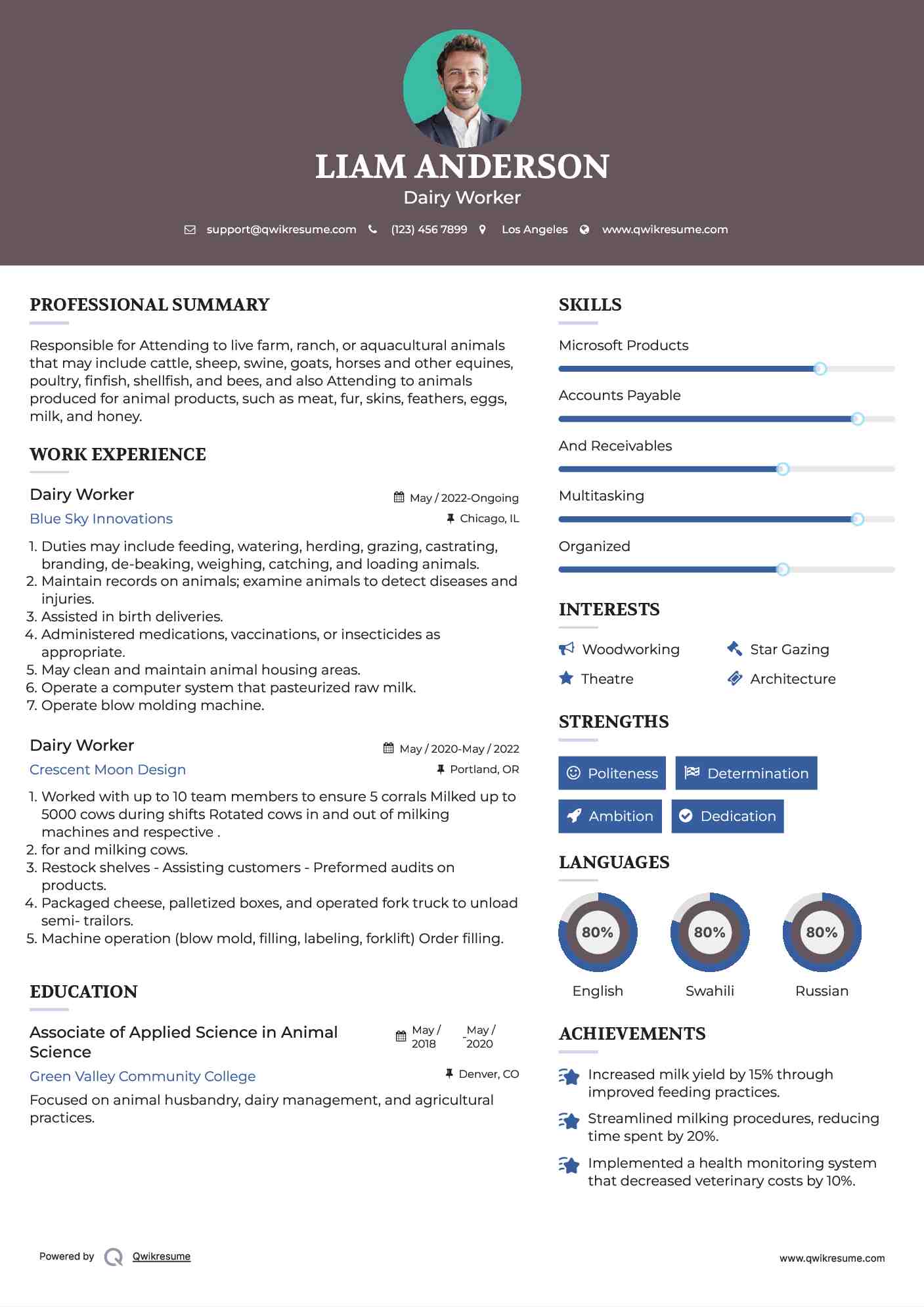 Dairy Worker Resume Template