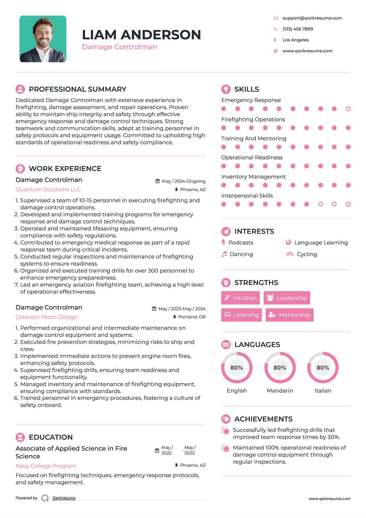 Damage Controlman Resume Sample