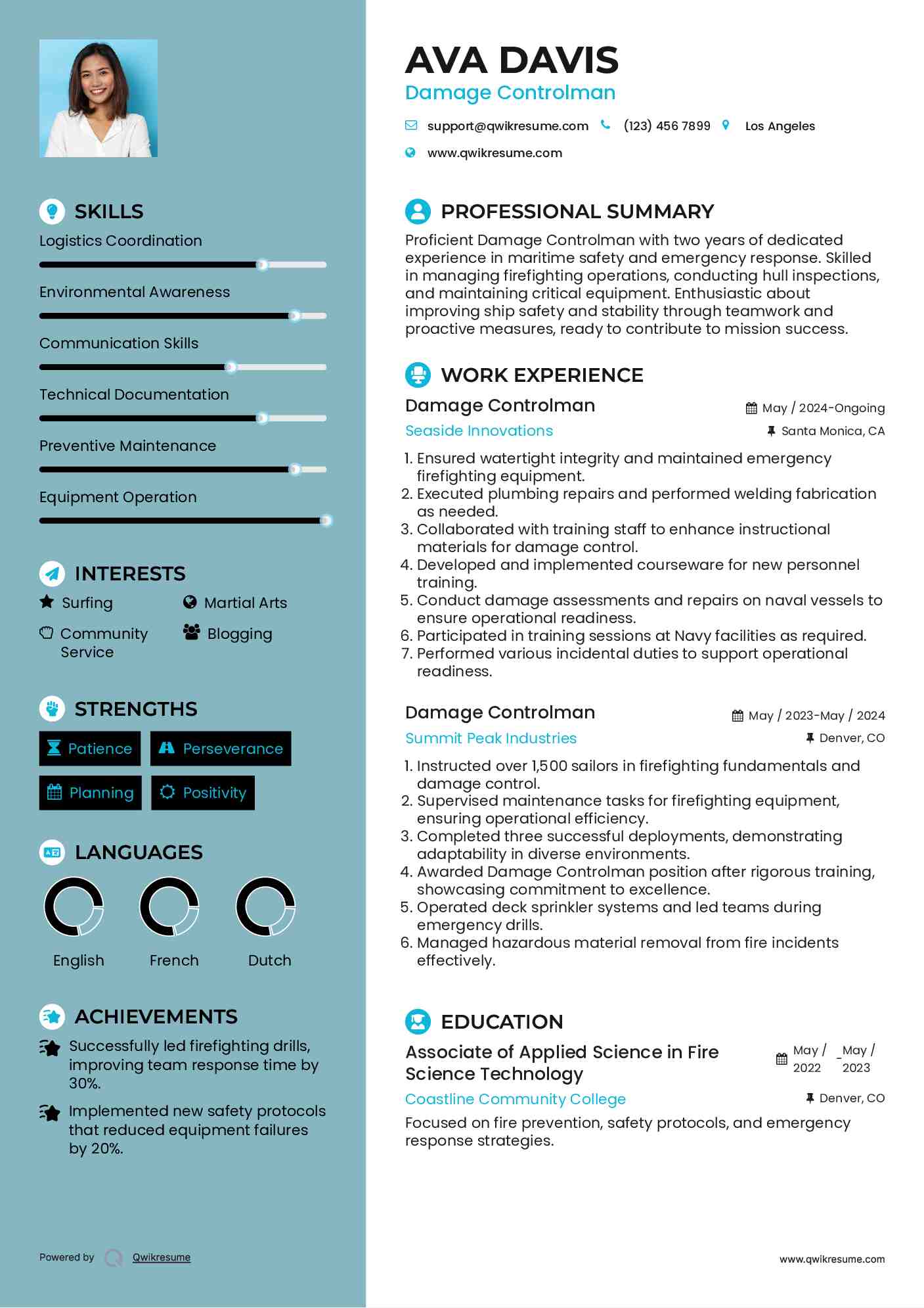 Damage Controlman Resume Example
