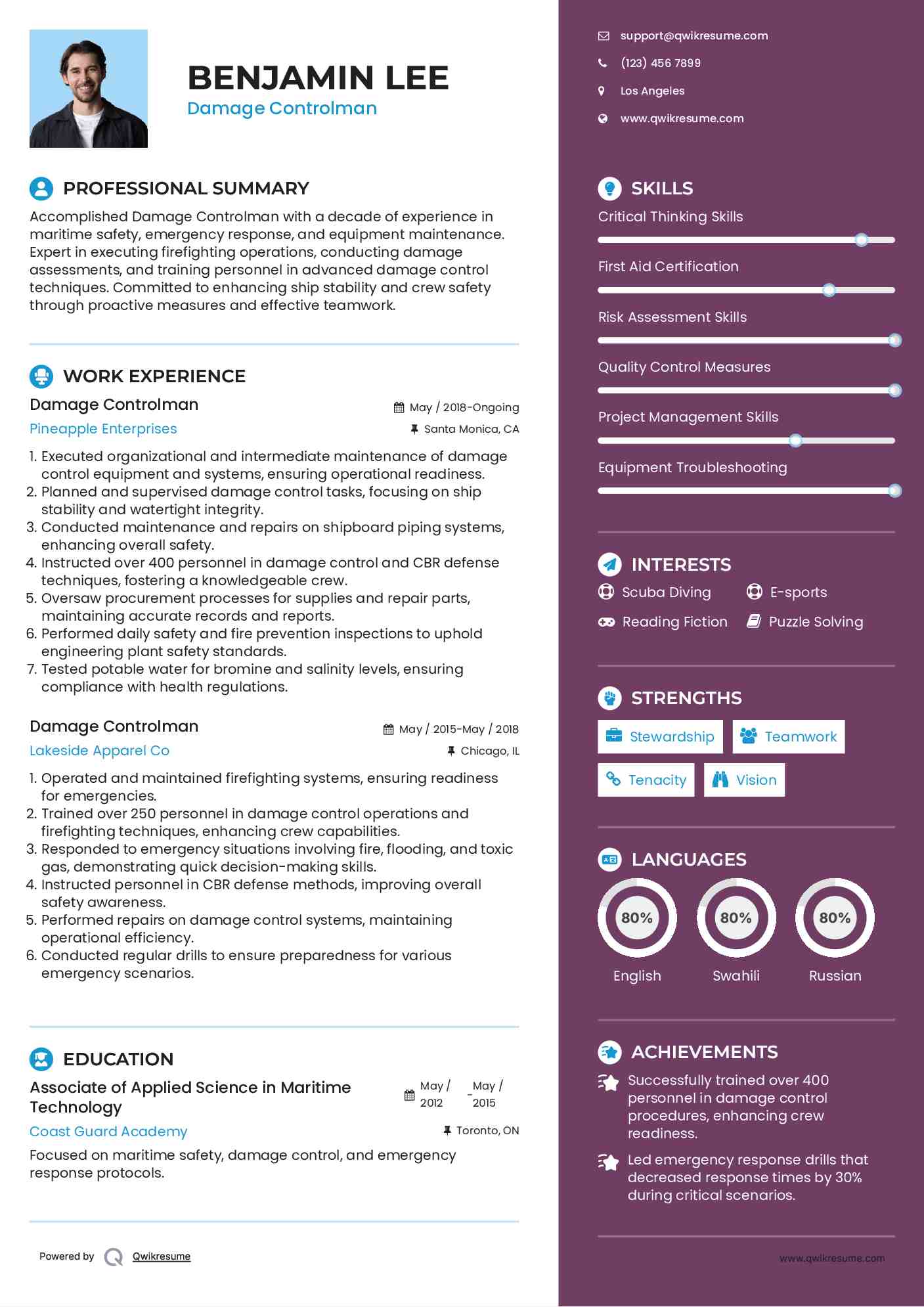 Damage Controlman Resume Example