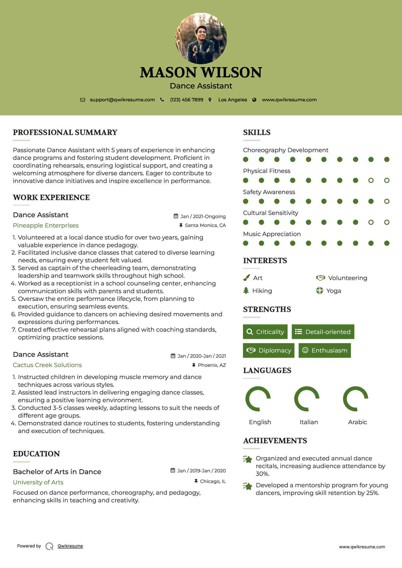 Dance Assistant Resume Format