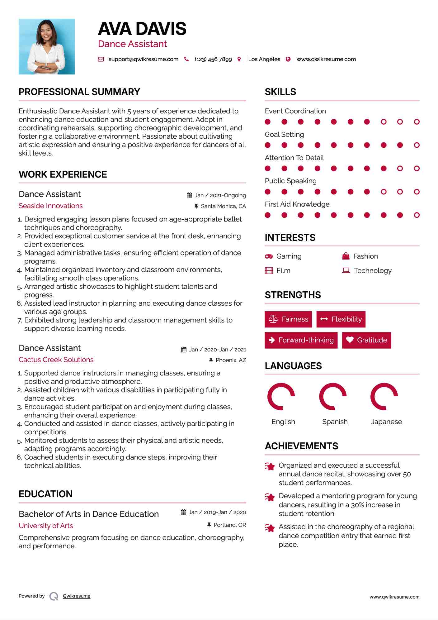 Dance Assistant Resume Sample