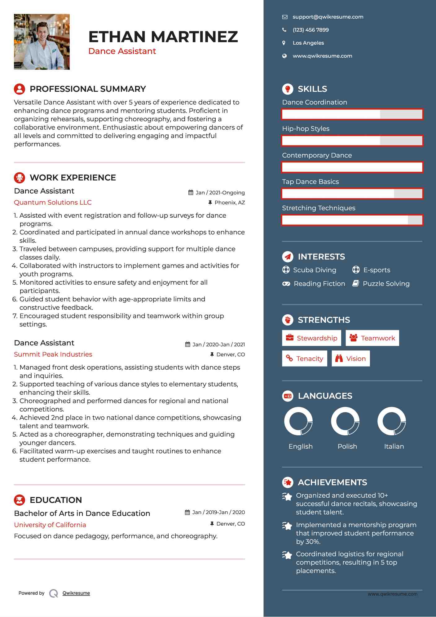 Dance Assistant Resume Template