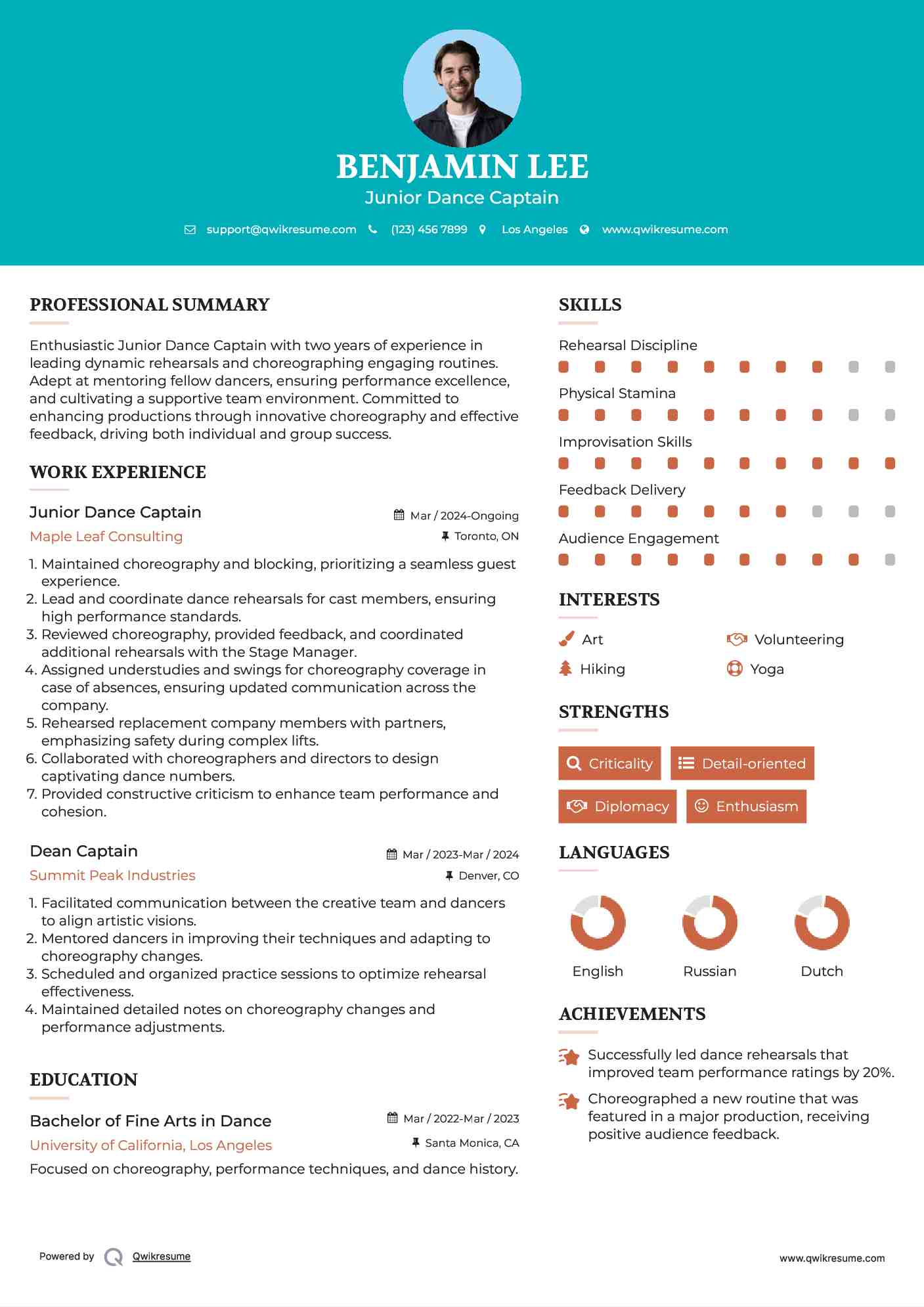 Junior Dance Captain Resume Format